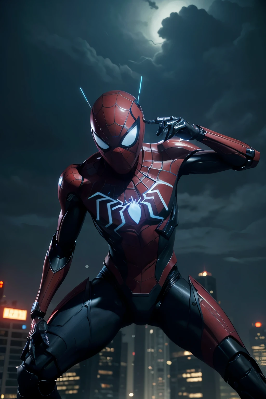 "A detailed, high-quality, 3D render of a futuristic, humanoid robot in the style of the Marvel superhero Spider-Man. The robot has a sleek, metallic body with a red and blue color scheme, mimicking the classic Spidey costume. It has a rounded, insect-like head with large, glowing white eyes and a simplified spider emblem on the chest. The robot's limbs are elongated and agile, with articulated joints and mechanical web-shooters on the wrists. The robot is posed in a dynamic, web-slinging stance, with one arm extended and the other pulled back, ready to launch a web. The background is a cityscape of tall, angular buildings in a nighttime setting, with neon lights and a cloudy sky. The lighting is dramatic, with shadows and highlights that accentuate the robot's form and movements."