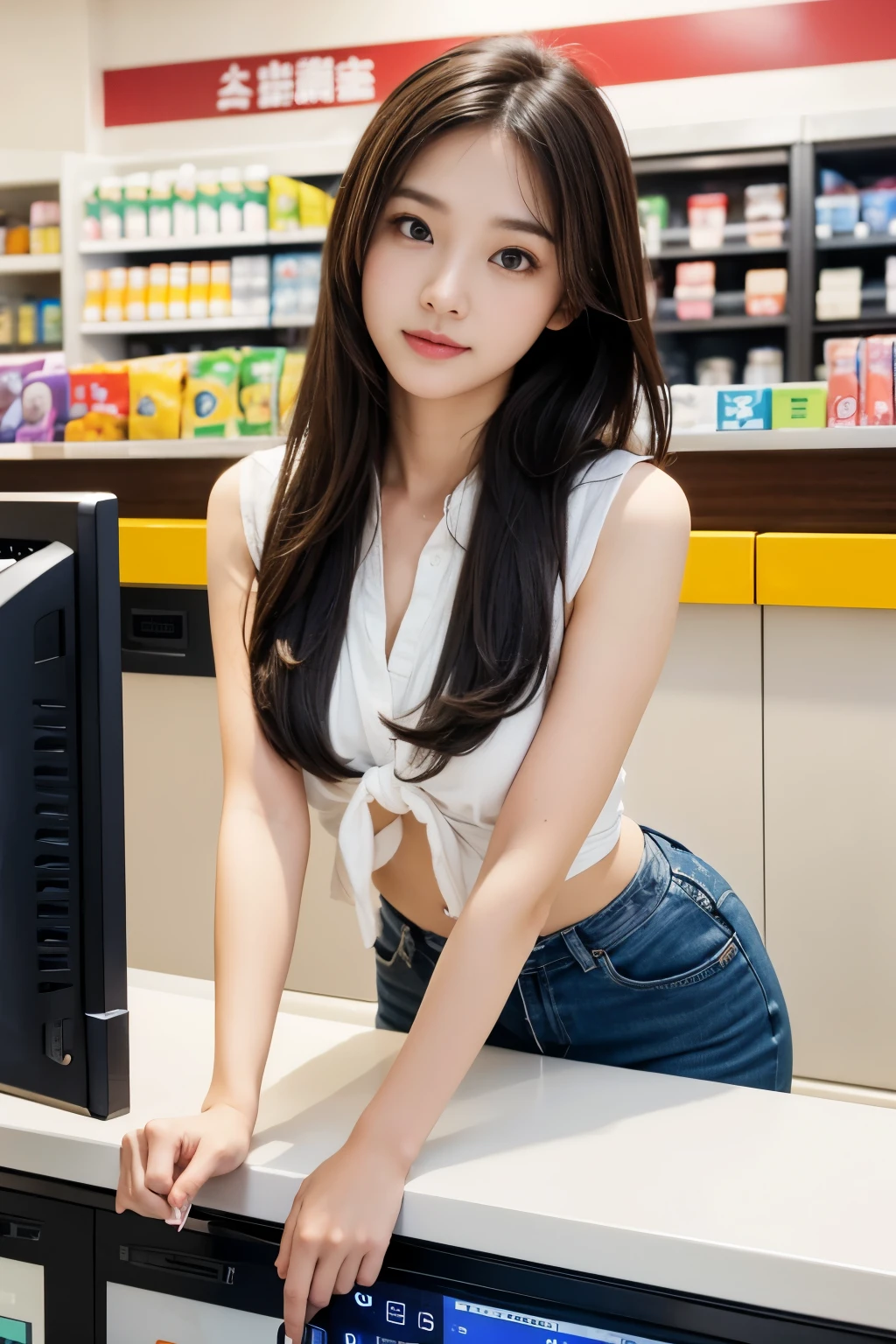 Convenience store clerk cashier , Highest quality, shape, Very detailed, In detail, High resolution, 8k wallpaper, Perfect dynamic composition, Beautiful details,  Natural Lip, Sexy uniform panty shot , Big Breasts, Lawson&#39;s uniform is open，Cleavage, She is smiling happily while looking back in an erotic pose. ..., A masterpiece of the whole body, Whole shot