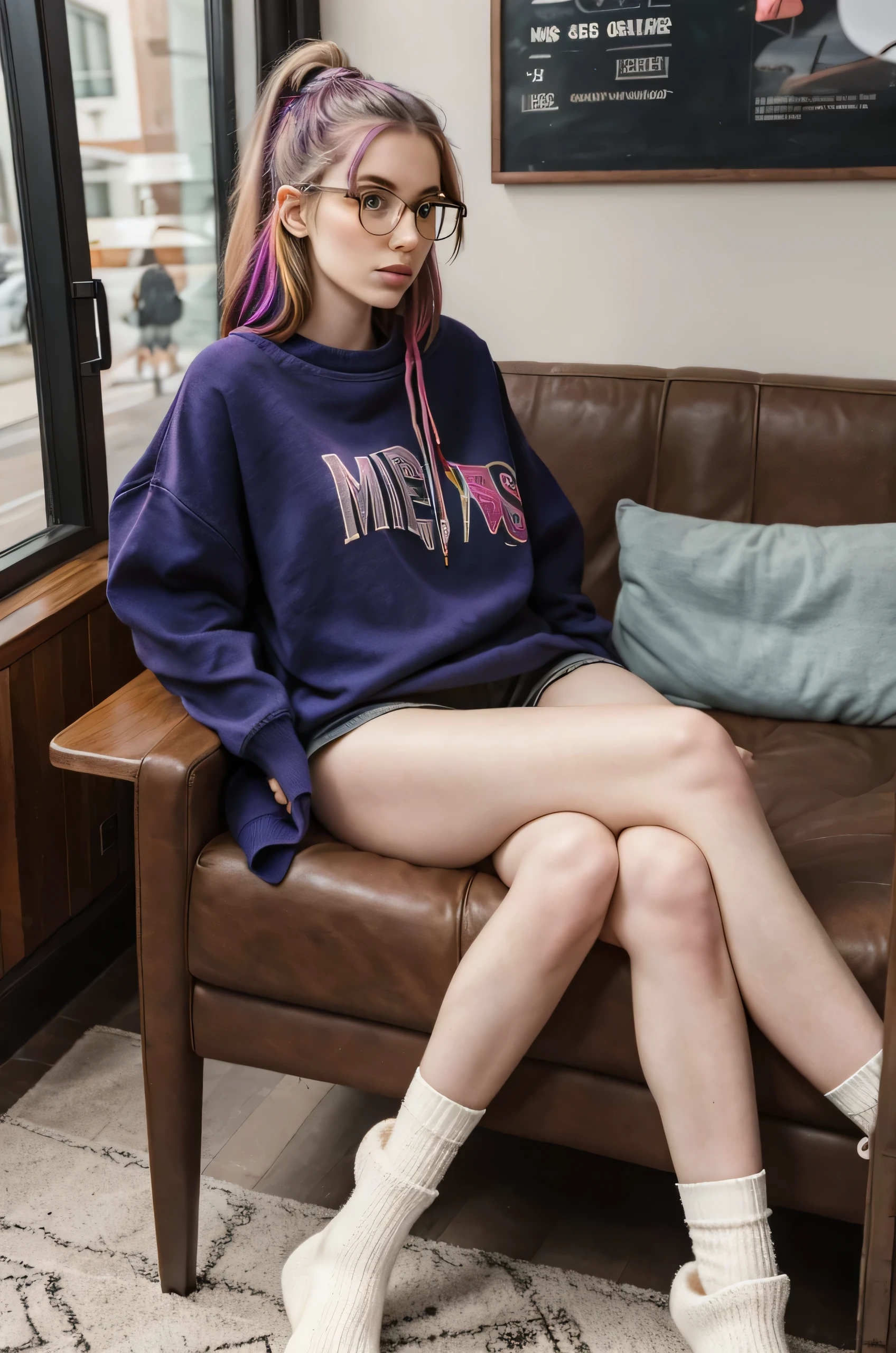 hipster woman, age 23, multicolored hair, pale skin, loose sweater, trileg, three legs, sitting in a trendy coffee ship, legs crossed, hipster miniskirt, hipster shoes, mismatched socks,