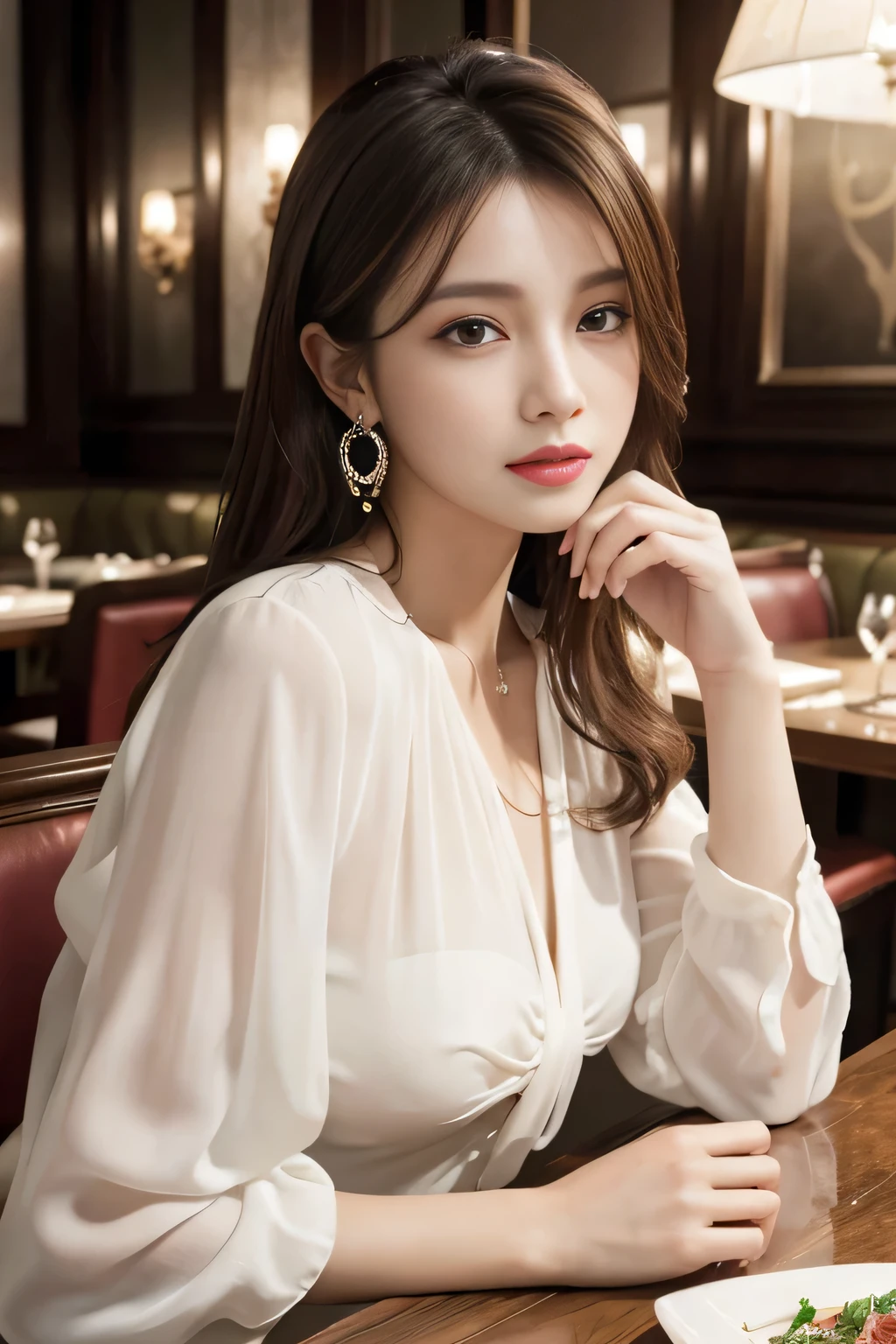 masterpiece, highest quality, Realistic, Very detailed, Finer details, High resolution, 8k wallpaper, One beautiful woman, Wear an elegant white see-through blouse, In a great restaurant, At night, Light brown messy hair, Perfect dynamic composition, Beautiful and beautiful eyes、Big earrings、Sitting in a chair、