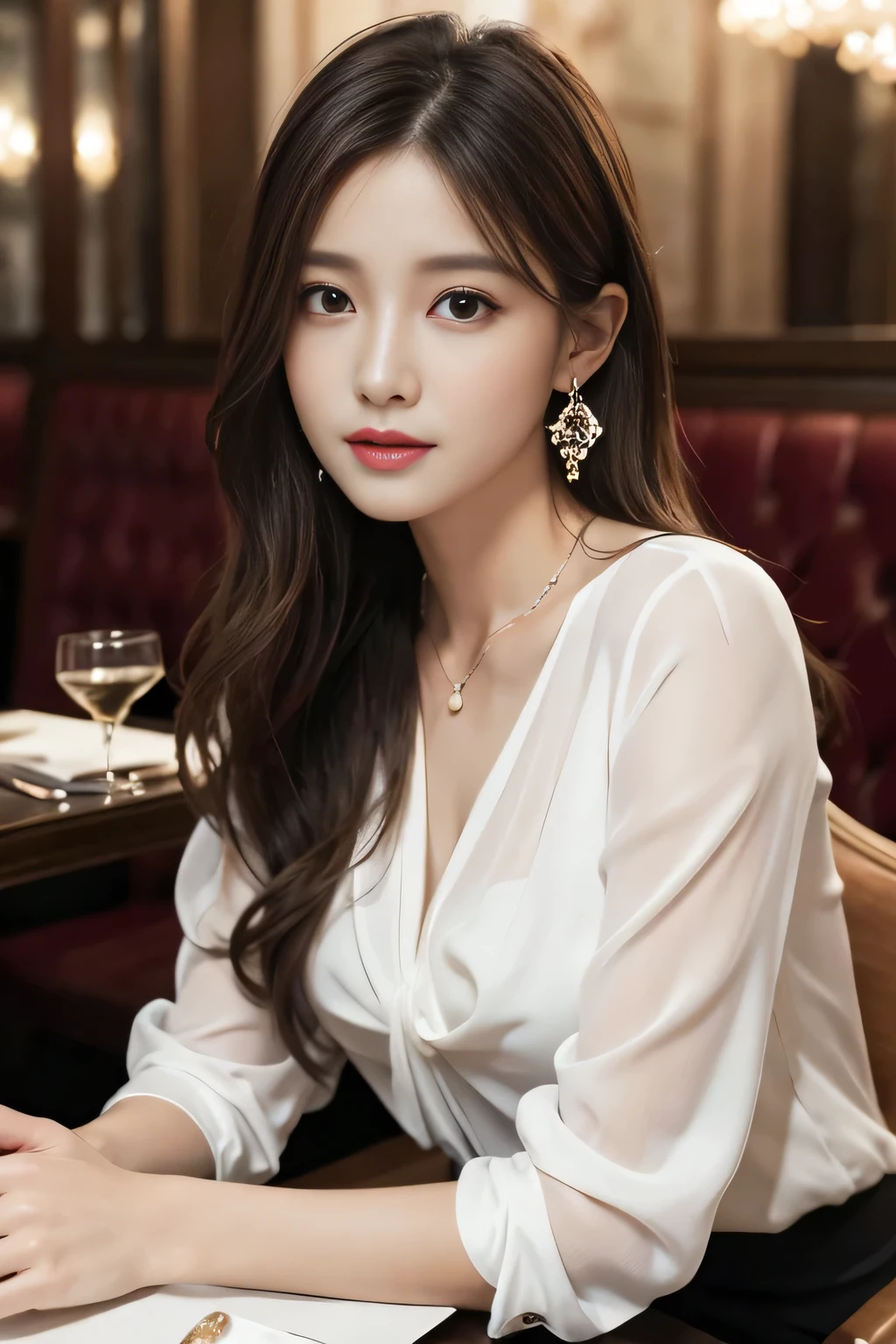 masterpiece, highest quality, Realistic, Very detailed, Finer details, High resolution, 8k wallpaper, One beautiful woman, Wear an elegant white see-through blouse, In a great restaurant, At night, Light brown messy hair, Perfect dynamic composition, Beautiful and beautiful eyes、Big earrings、Sitting in a chair、