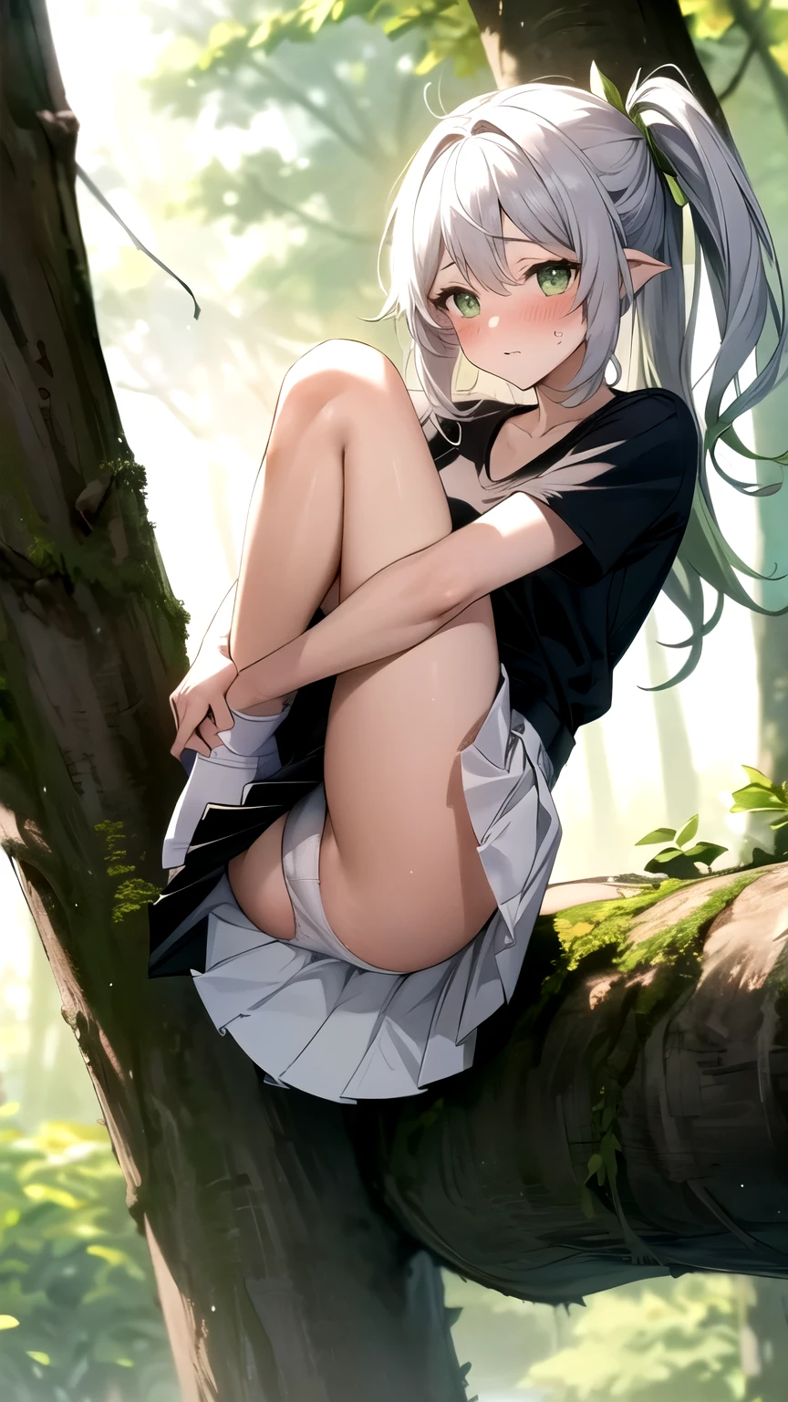 White v-neck T-shirt and green pleated skirt, embarrassed feelings, (lifting legs on tree roots), ((rolling skirt up)), (white panties), anime style, blushing, bright forest, flowers