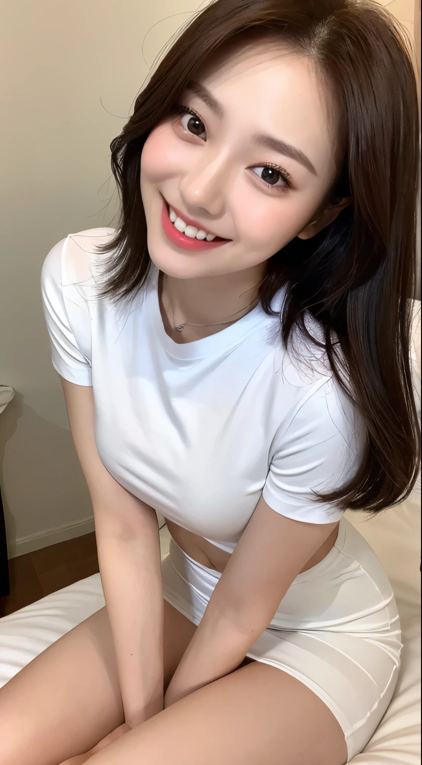 White tight shirt、White tight mini skirt、bed、smile、Short sleeve、high resolution、Korean idol face、double eyelid、White teeth