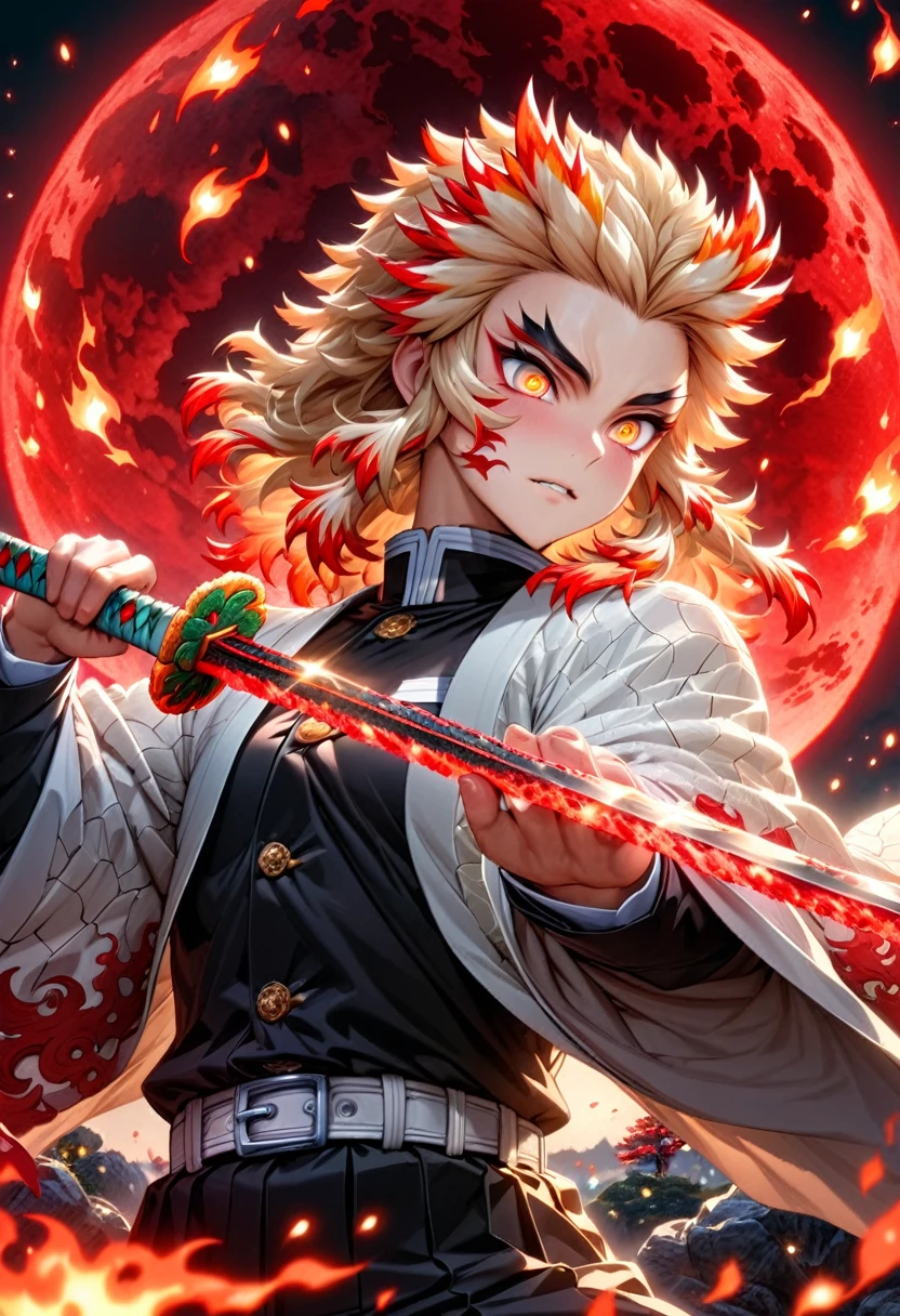 Ultra detailed, highres, absurdres, HDR, master piece, Rengoku Kyojuro, blond hair, expressive golden eyes, white haori with patters of flames, black demon slayer uniform, Kimetsu No Yaiba, fantasy, petals, red flowers, handsome, sexy man grabbing a sword, solo, magic, shining red fireflies, red moon, best quality, extremely detailed face and eyes, fire, grabbing a sword