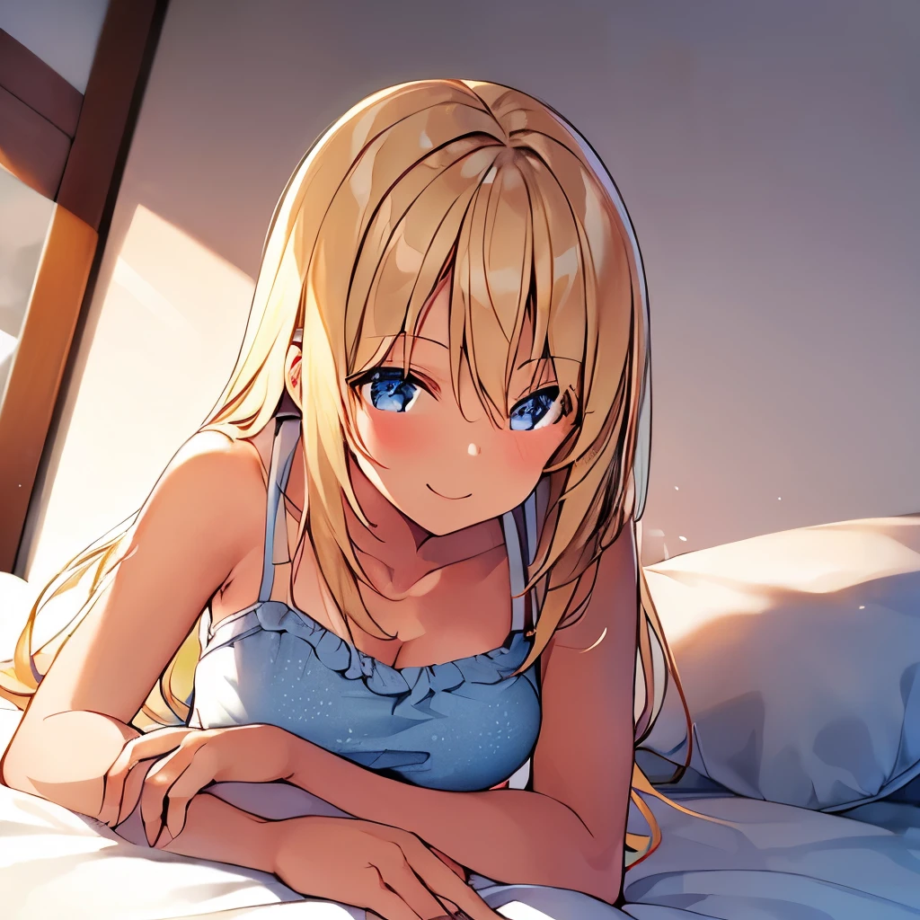 1 girl、19-year-old female、Asian、cute、Blonde、Brown skin、alone、Beautiful smile、Looking up、On the bed、Casual clothing、