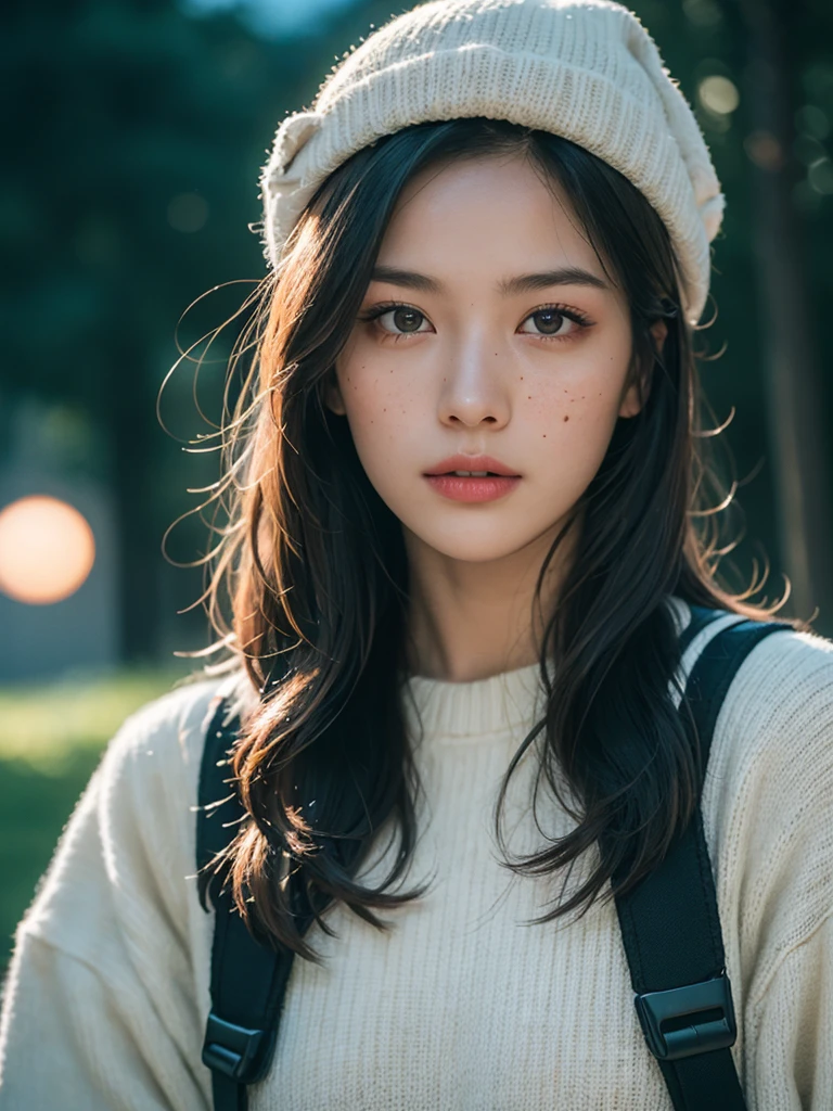 (masterpiece, best quality:1.2), (8k uhd, 16k, 32k, ultra high res), (photorealistic:1.37), (RAW photo), ultimate-realistic, ultimate-realistic details, ultimate-realistic texture, ultimate-intricate details, ultimate-realistic lighting, ultimate-realistic shadow, japanese girl, 1girl, 24yo, ultimate-cute face, ultimate-RAW skin, ultimate-eyes, ((quite a bit body, from top, happy)), solo, outdoors, (night), mountains, nature, (stars, moon) cheerful, happy, backpack, sleeping bag, camping stove, water bottle, mountain boots, gloves, sweater, hat, flashlight, forest, rocks, river, wood, smoke, shadows, contrast, clear sky, analog style (look at viewer:1.2) (skin texture) (film grain:1.3), (warm hue, warm tone:0.9), medium shot, cinematic light, sidelighting, ultra high res, best shadow, RAW, wearing pullover, Hasselblad X2D 100C + XCD 2,5/25V, F/1.8, (cinematic still:1.4), freckles, 35mm photograph, film, bokeh, professional, 4k, highly detailed, perfect fingers ,Extremely Realistic, UHD,