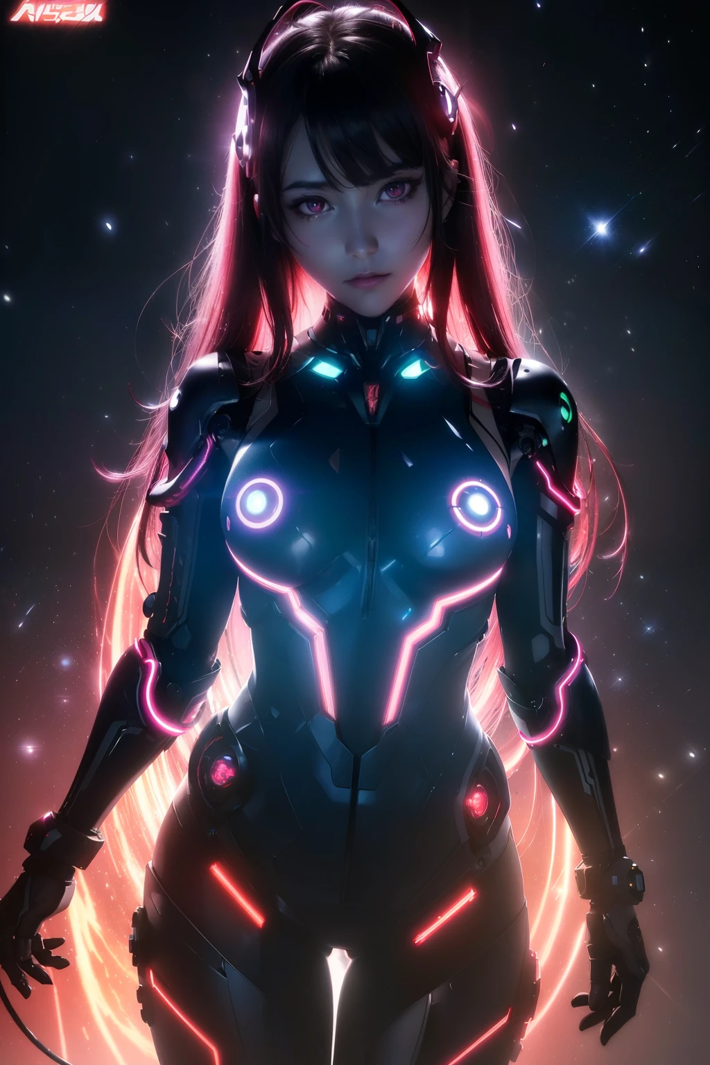 Asuka-Evangelion realistic and intricate perfect beauty face, detailed & asymmetric perfect sharp galaxy glowing eyes, detailed face, (((from face to the waist))), (((beauty shape))), ((in realistic neon-lit sci-fi plugsuit metal mech parts and robotic tentacles with neon-lit lights)), masterpiece, 4k, UHD, fighting against a realistic and intricate mech dragon