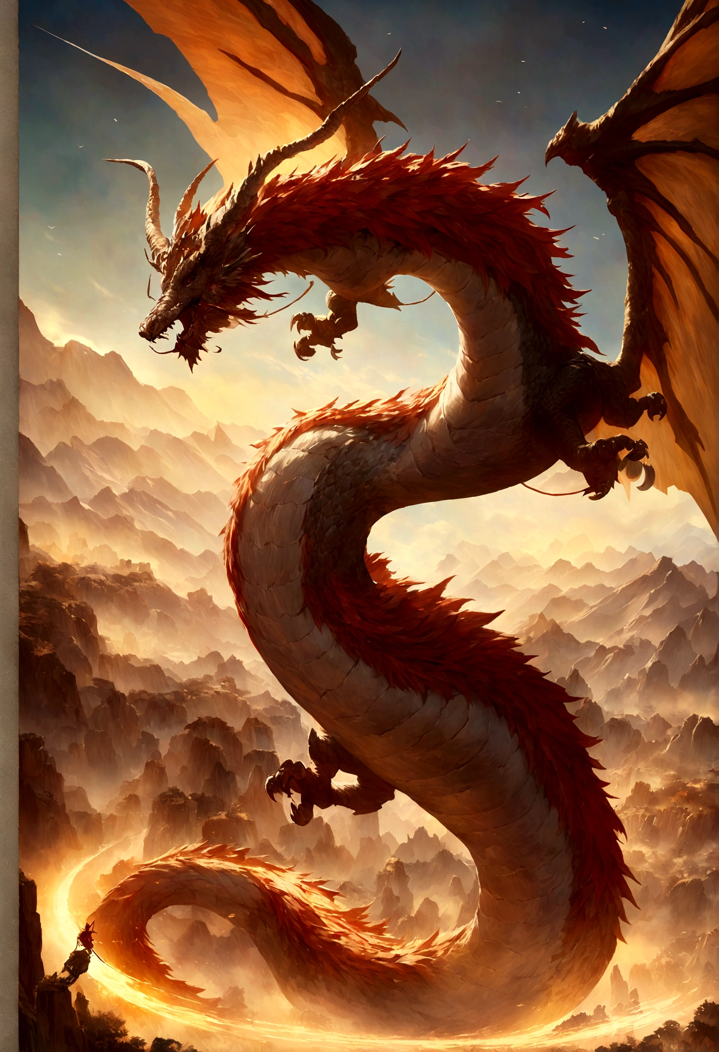 Chinese dragon circling between mountains，With dragons as the main background，There are clouds，There is mine enterance，Flying in the sky（CHinese dragon：1.5），highly detailed fantasy art，hyperrealistic d & D fantasy art，Hero, Artstation contest winner，--no wings，