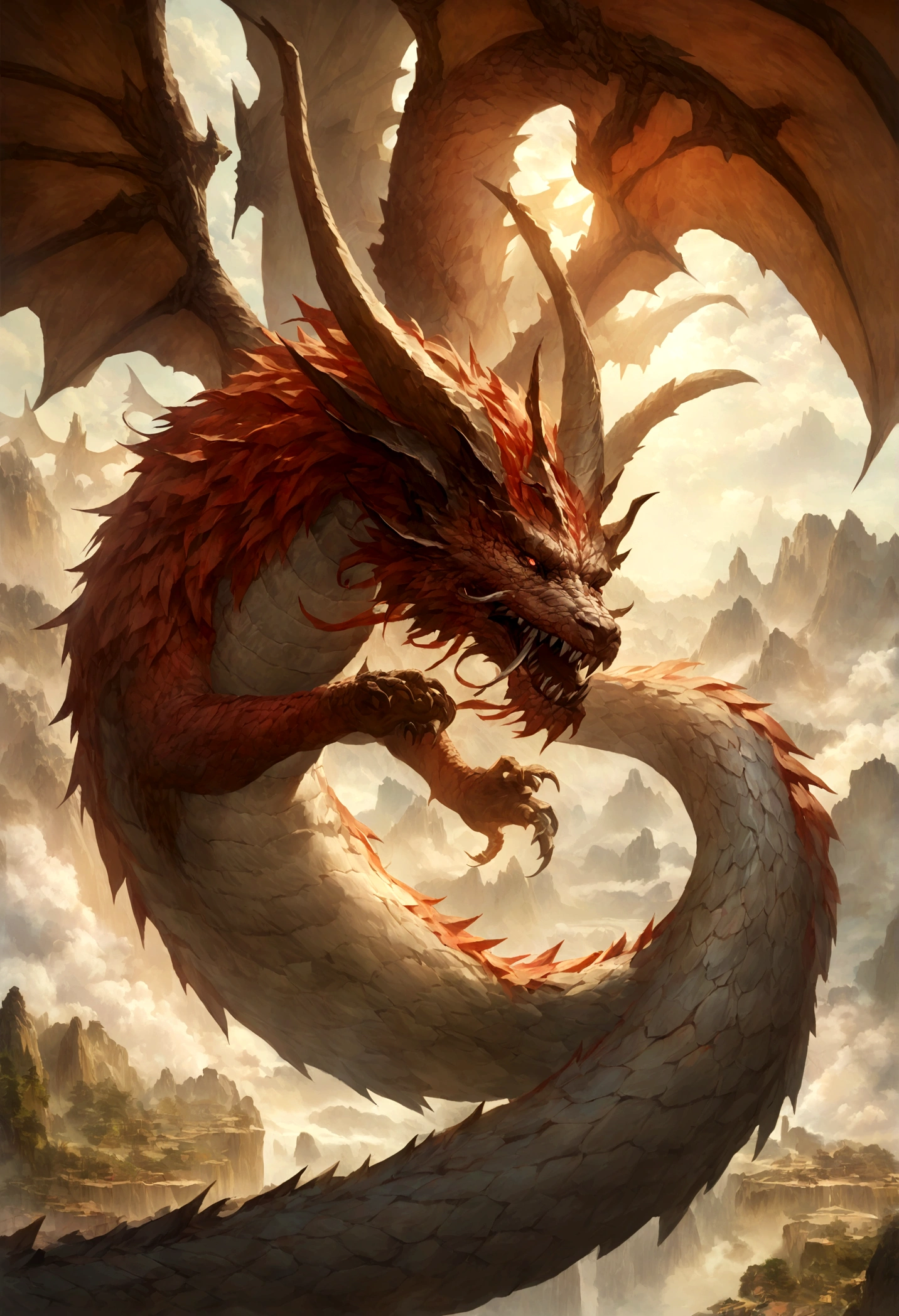 Chinese dragon circling between mountains，With dragons as the main background，There are clouds，There is mine enterance，Flying in the sky（CHinese dragon：1.5），highly detailed fantasy art，hyperrealistic d & D fantasy art，Hero, Artstation contest winner，--no wings，