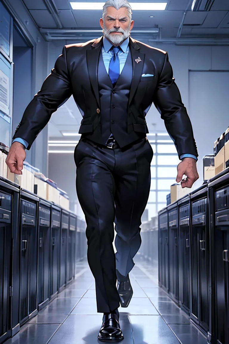 Old man (50 years old), blue eyes, short white hair (combed back), masculine face (expression lines), malicious smile, muscular body (huge: 1.9), chest (huge: 1.9), hairy body, huge bulge in the groin. He is in a press office (CIO room), wearing a black suit, blue tie, black shoes, black dress pants, sexy pose.