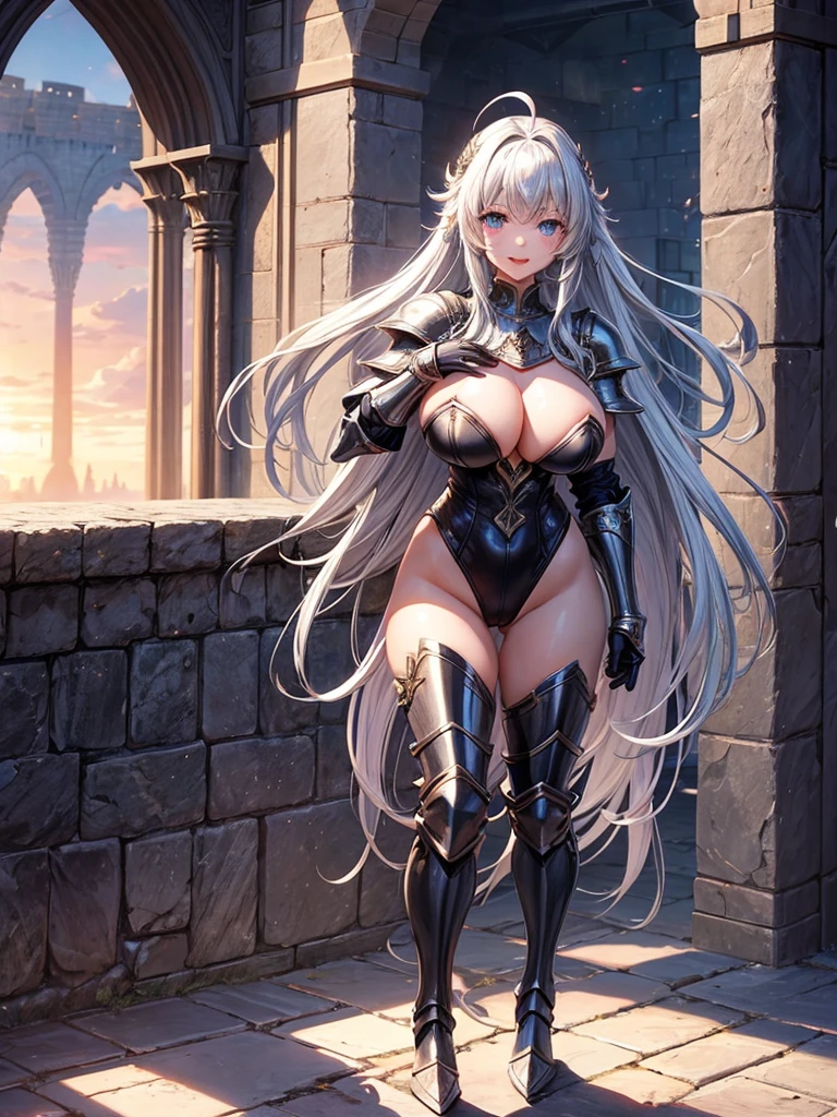 Woman knight、a beauty girl、huge tit、Excellent style、Nice Buddy、glamorous、leotard、s Armor、Bra chest armor、knee boots、gauntlets、hair adornments、silber hair、Longhaire、Ahoge、a medieval castle、is standing、full body seen、Outside the castle、natta、a smile、slightly open mouth