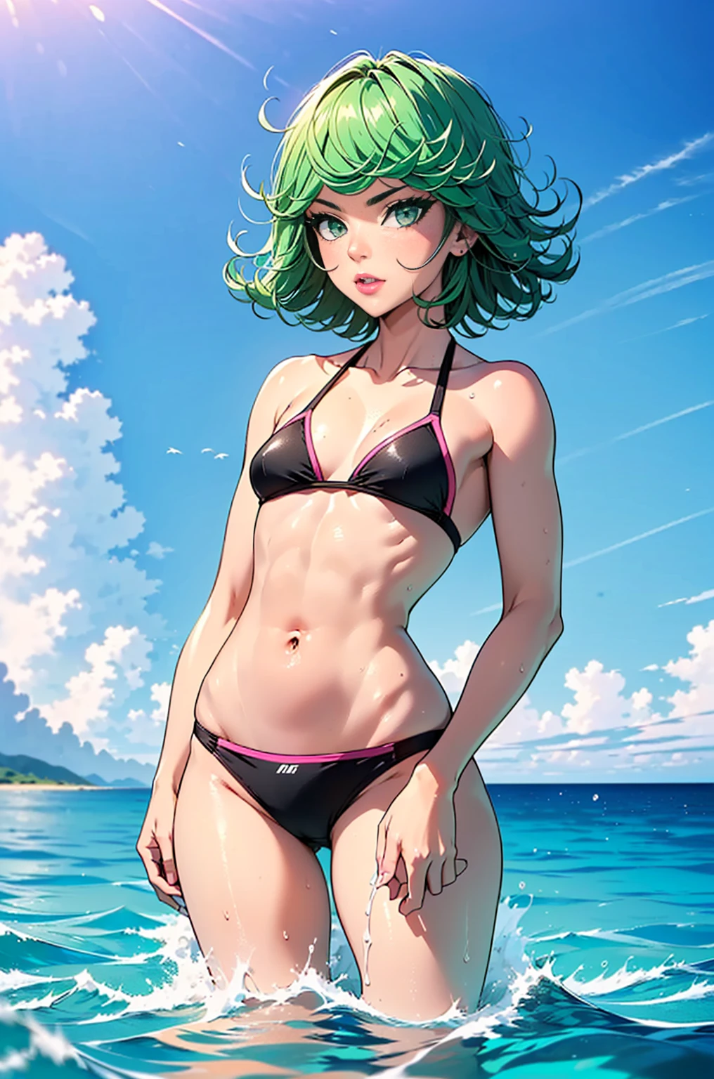 ((1girl, solo ,alone, tatsumaki, green hair, green eyes, small breasts, short hair, fitness, short stature)), ((solo, 1woman, pink lipstick, Extremely detailed, ambient soft lighting, 4k, perfect eyes, a perfect face, perfect lighting, a 1girl)), austere, ((fitness, , shapely body, athletic body, toned body)) , ((black bikini, in the sea, ocean, sunny day, clouds, paradise island, in the water))
