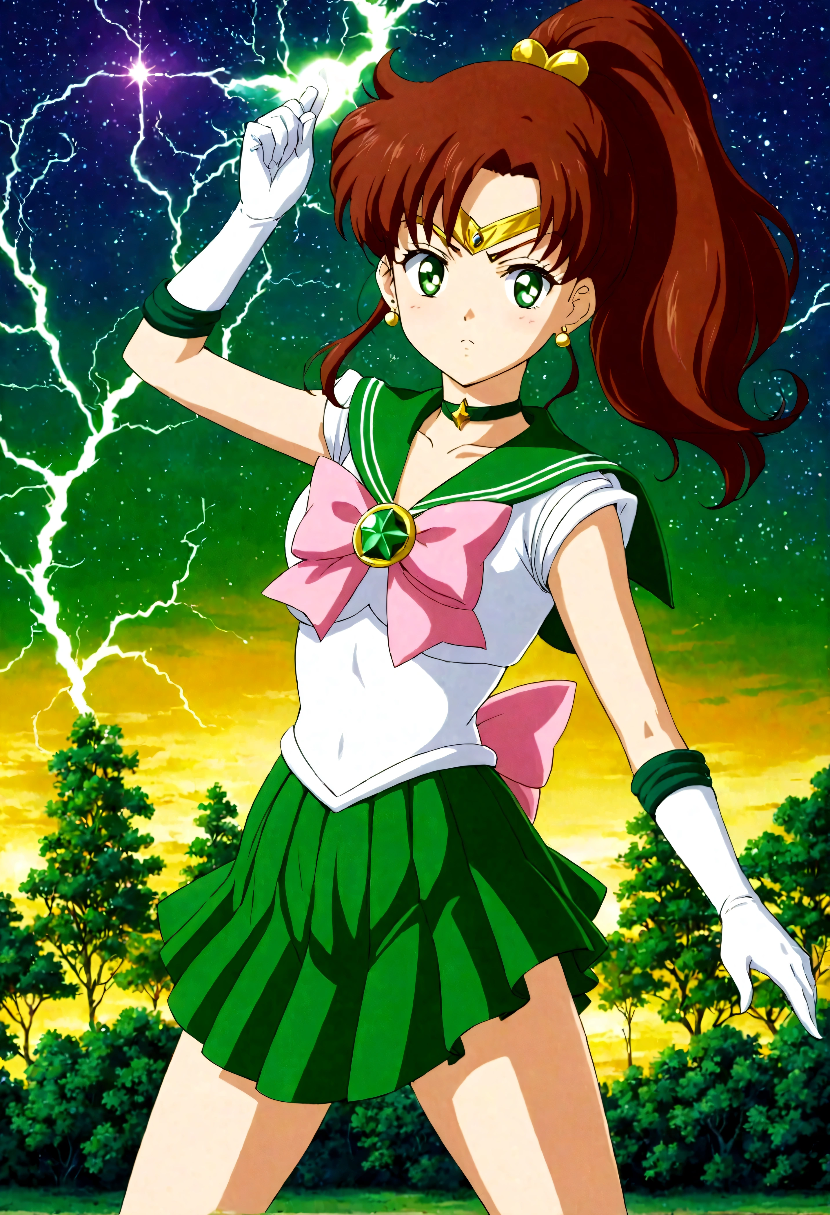 Sailor Jupiter bringing the thunder! masterpiece, best quality, 1girl, solo, looking at viewer, facing viewer, night, anime screencap,1990s \(style\), (art by Naoko Takeuchi), EPsmSailorJupiter, green eyes, brown hair, long hair, ponytail, hair ornament, hair bobbles, brooch, heart brooch, jewelry, tiara, choker, green choker, star choker, skirt, green skirt, pleated skirt, bow, back bow,  pink bow,  gloves, white gloves, elbow gloves, earrings, sailor collar, star (symbol), green sailor collar, sailor senshi uniform, cleavage, angry face, fighting, lighting bolts being her