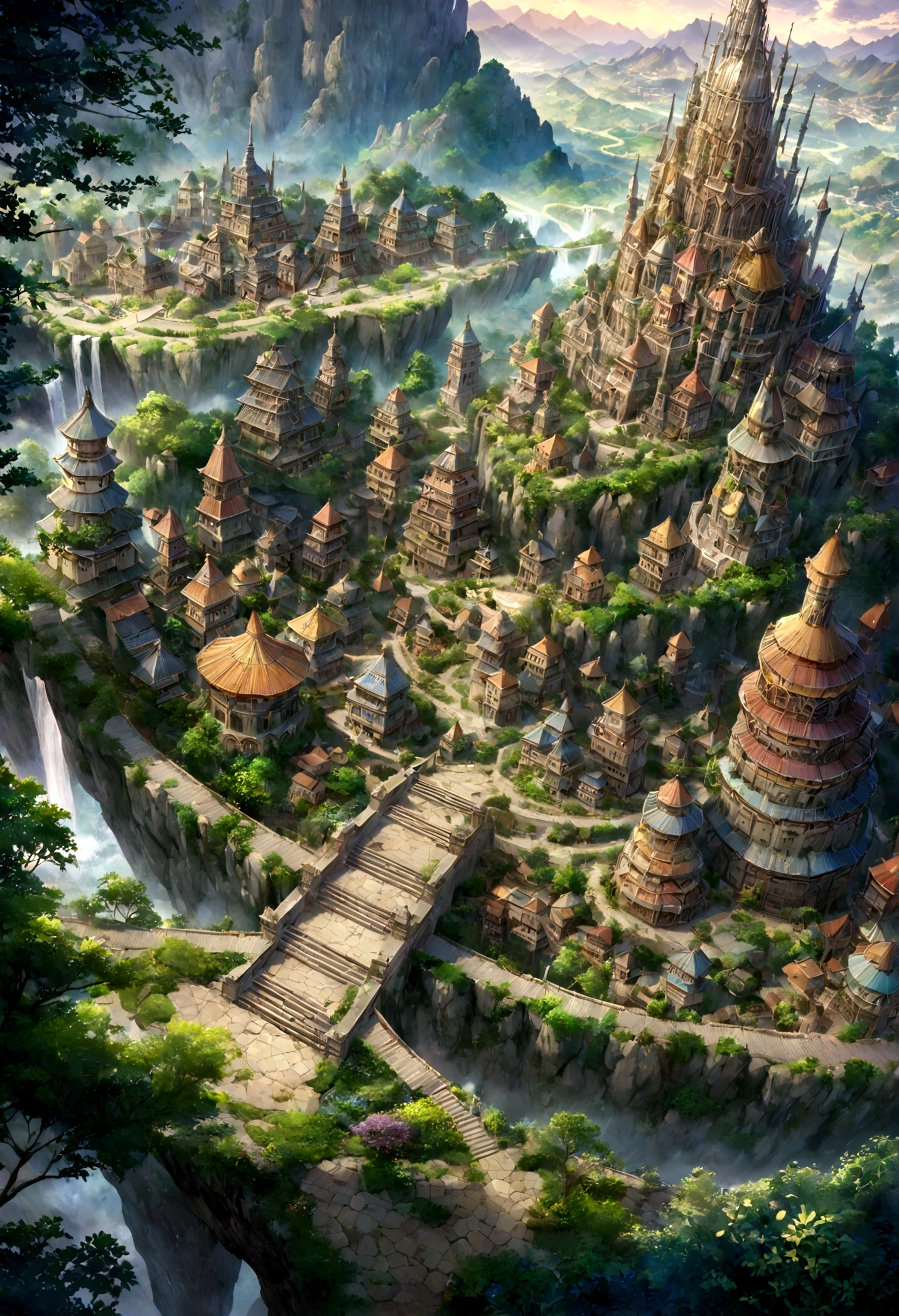 A highly detailed anime-style still art, Ghibli studio style, masterpiece, official art, professional, ((ultra-detailed)), 8k, ((Not show people)), Arabesque pattern, fantastical city carved within a large, rugged mountain. The mountain should appear rough and imposing, with intricate pathways and structures carved into its rocky surface. The city inside should have a unique, surreal design that could not exist in reality. Include elements such as twisting towers, floating platforms, and unusual bridges. The architecture should be imaginative and otherworldly, with buildings featuring intricate details and ornate designs. Surround the city with lush greenery and small waterfalls. Illuminate the scene with a soft, otherworldly light to enhance the sense of wonder and mystery. Add distant, ethereal structures in the background to create depth and a dreamlike atmosphere