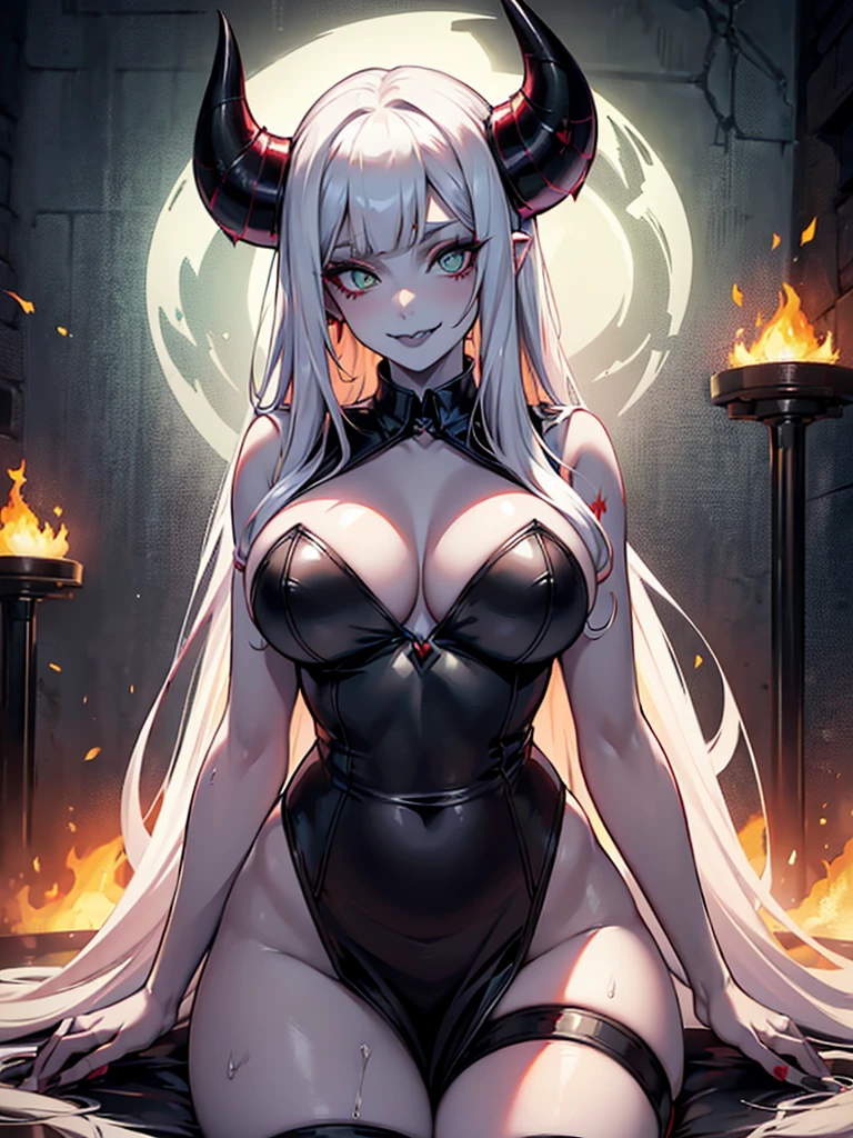 ((cute, innocent smile, shy)), succubify, (pale skin:1.3), demon horns, demon tail, demon wing (black lips:1.2), red hair, green eyes (" Ana de Armas", “kagney linn karter ").blend(0.1,1), (1girl), fire in the background, flames,