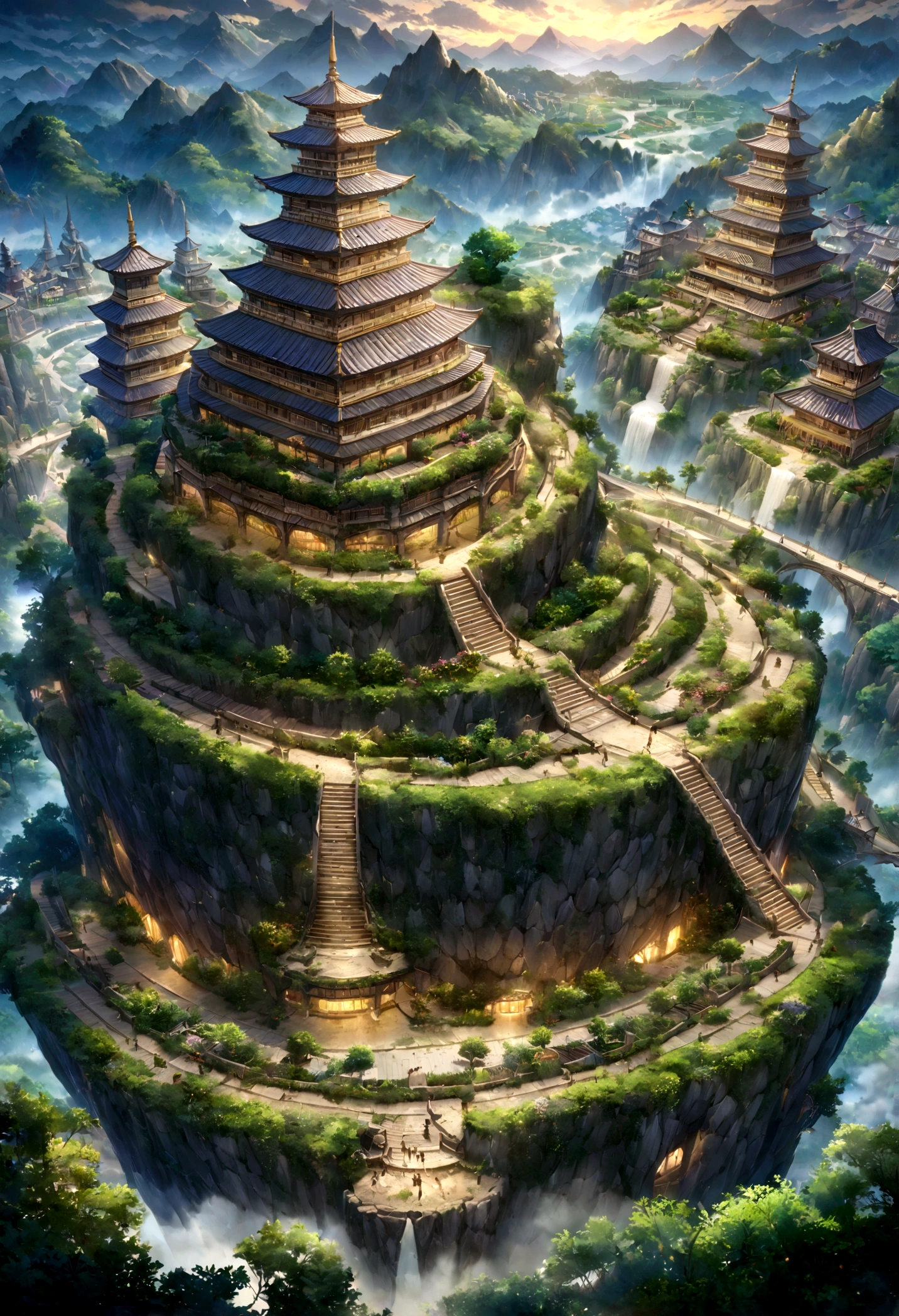 A highly detailed anime-style still art, Ghibli studio style, masterpiece, official art, professional, ((ultra-detailed)), 8k, ((Not show people)), Arabesque pattern, fantastical city carved within a large, rugged mountain. The mountain should appear rough and imposing, with intricate pathways and structures carved into its rocky surface. The city inside should have a unique, surreal design that could not exist in reality. Include elements such as twisting towers, floating platforms, and unusual bridges. The architecture should be imaginative and otherworldly, with buildings featuring intricate details and ornate designs. Surround the city with lush greenery and small waterfalls. Illuminate the scene with a soft, otherworldly light to enhance the sense of wonder and mystery. Add distant, ethereal structures in the background to create depth and a dreamlike atmosphere