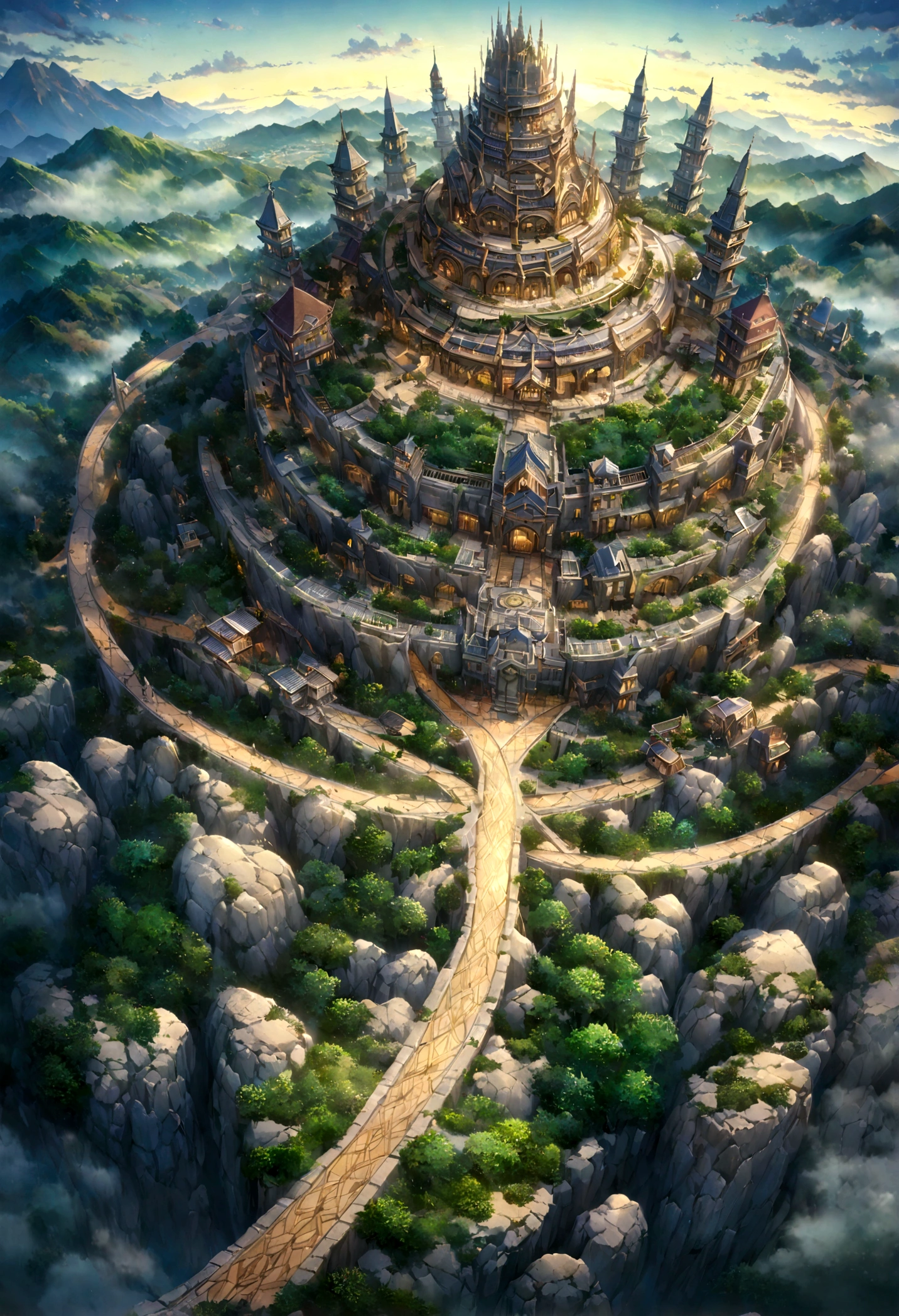 A highly detailed anime-style still art, Ghibli studio style, masterpiece, official art, professional, ((ultra-detailed)), 8k, ((Not show people)), Arabesque pattern, fantastical city carved within a large, rugged mountain. The mountain should appear rough and imposing, with intricate pathways and structures carved into its rocky surface. The city inside should have a unique, surreal design that could not exist in reality. Include elements such as twisting towers, floating platforms, and unusual bridges. The architecture should be imaginative and otherworldly, with buildings featuring intricate details and ornate designs. Surround the city with lush greenery and small waterfalls. Illuminate the scene with a soft, otherworldly light to enhance the sense of wonder and mystery. Add distant, ethereal structures in the background to create depth and a dreamlike atmosphere