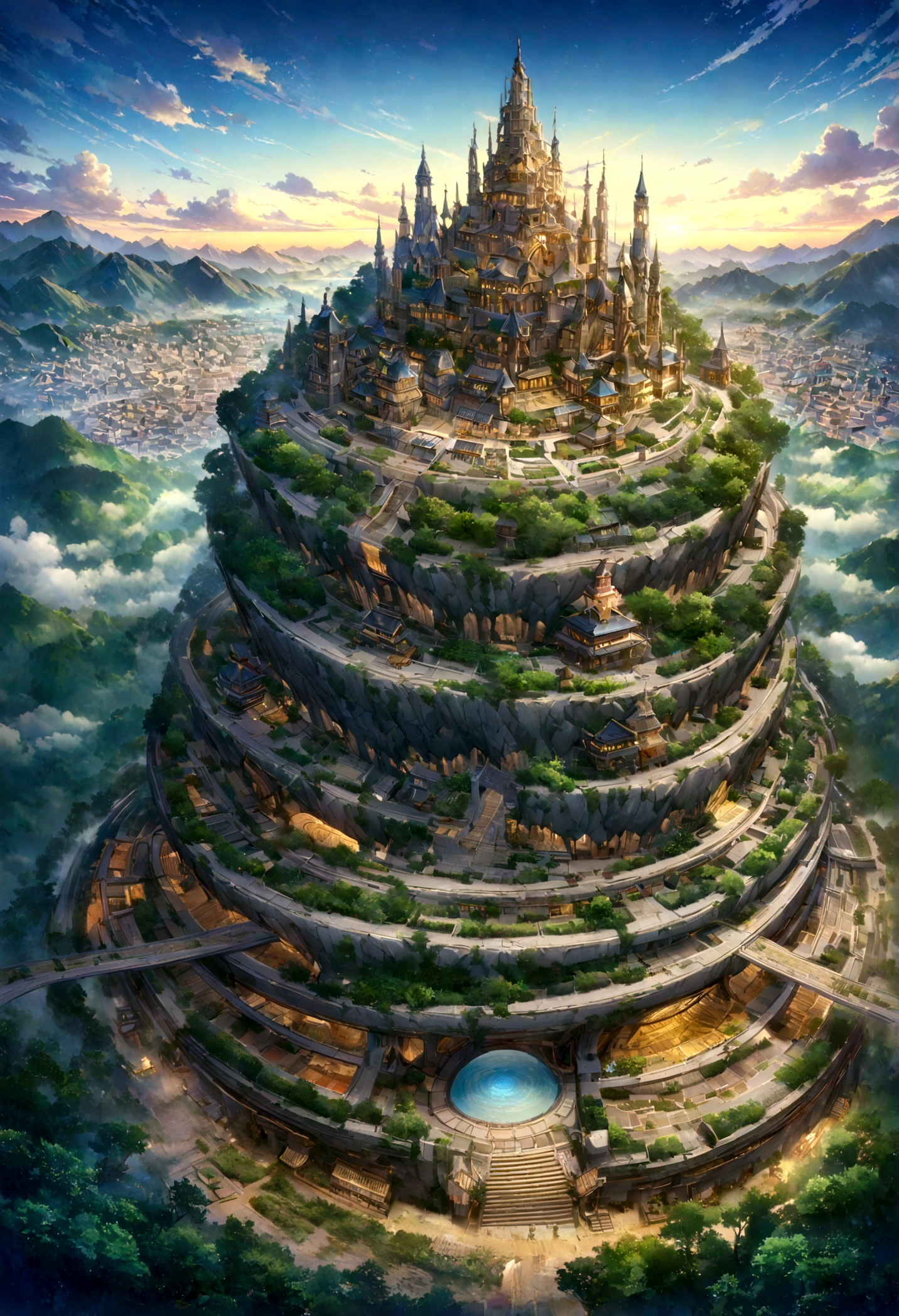 A highly detailed anime-style still art, Ghibli studio style, masterpiece, official art, professional, ((ultra-detailed)), 8k, ((Not show people)), Arabesque pattern, fantastical city carved within a large, rugged mountain. The mountain should appear rough and imposing, with intricate pathways and structures carved into its rocky surface. The city inside should have a unique, surreal design that could not exist in reality. Include elements such as twisting towers, floating platforms, and unusual bridges. The architecture should be imaginative and otherworldly, with buildings featuring intricate details and ornate designs. Surround the city with lush greenery and small waterfalls. Illuminate the scene with a soft, otherworldly light to enhance the sense of wonder and mystery. Add distant, ethereal structures in the background to create depth and a dreamlike atmosphere