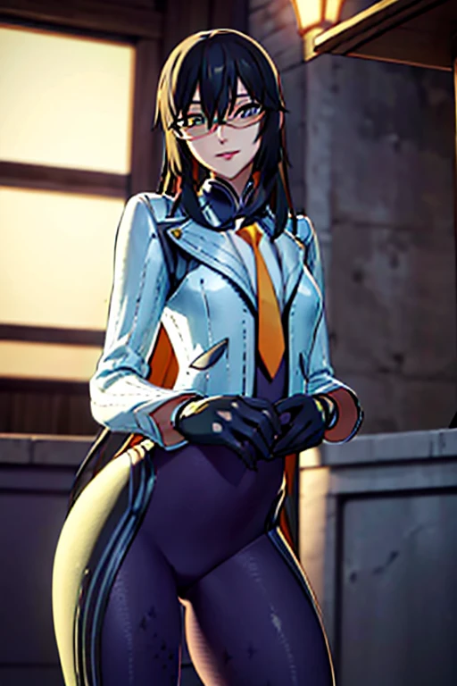 countess Daraku, long hair, glasses, gloves, pants, smile, 
BREAK looking at viewer,
BREAK outdoors,
BREAK (masterpiece:1.2), best quality, high resolution, unity 8k wallpaper, (illustration:0.8), (beautiful detailed eyes:1.6), extremely detailed face, perfect lighting, extremely detailed CG, (perfect hands, perfect anatomy)