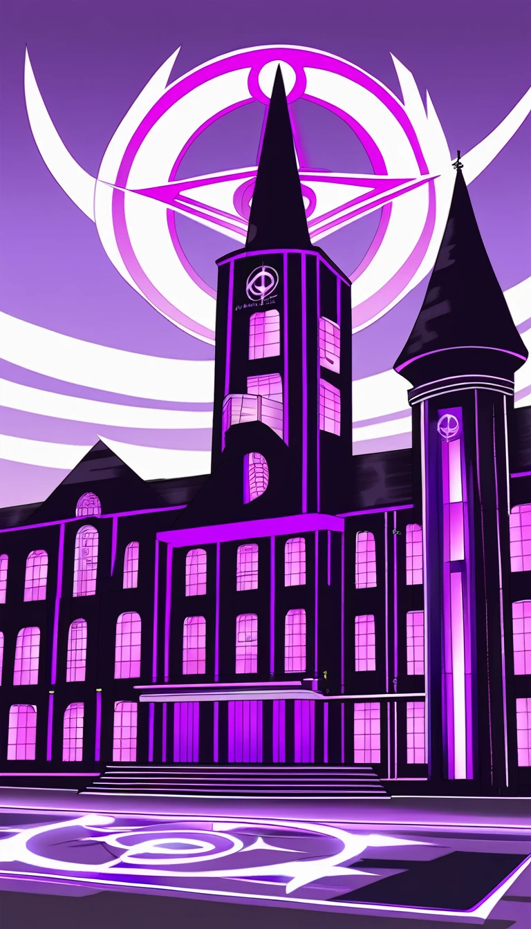 Anime purple college school  building outside with purple Illuminati symbols 