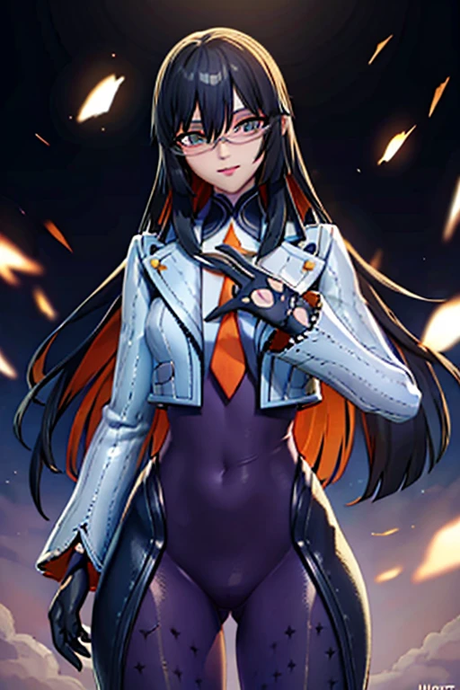 countess Daraku, long hair, glasses, gloves, pants, smile, 
BREAK looking at viewer,
BREAK outdoors,
BREAK (masterpiece:1.2), best quality, high resolution, unity 8k wallpaper, (illustration:0.8), (beautiful detailed eyes:1.6), extremely detailed face, perfect lighting, extremely detailed CG, (perfect hands, perfect anatomy)