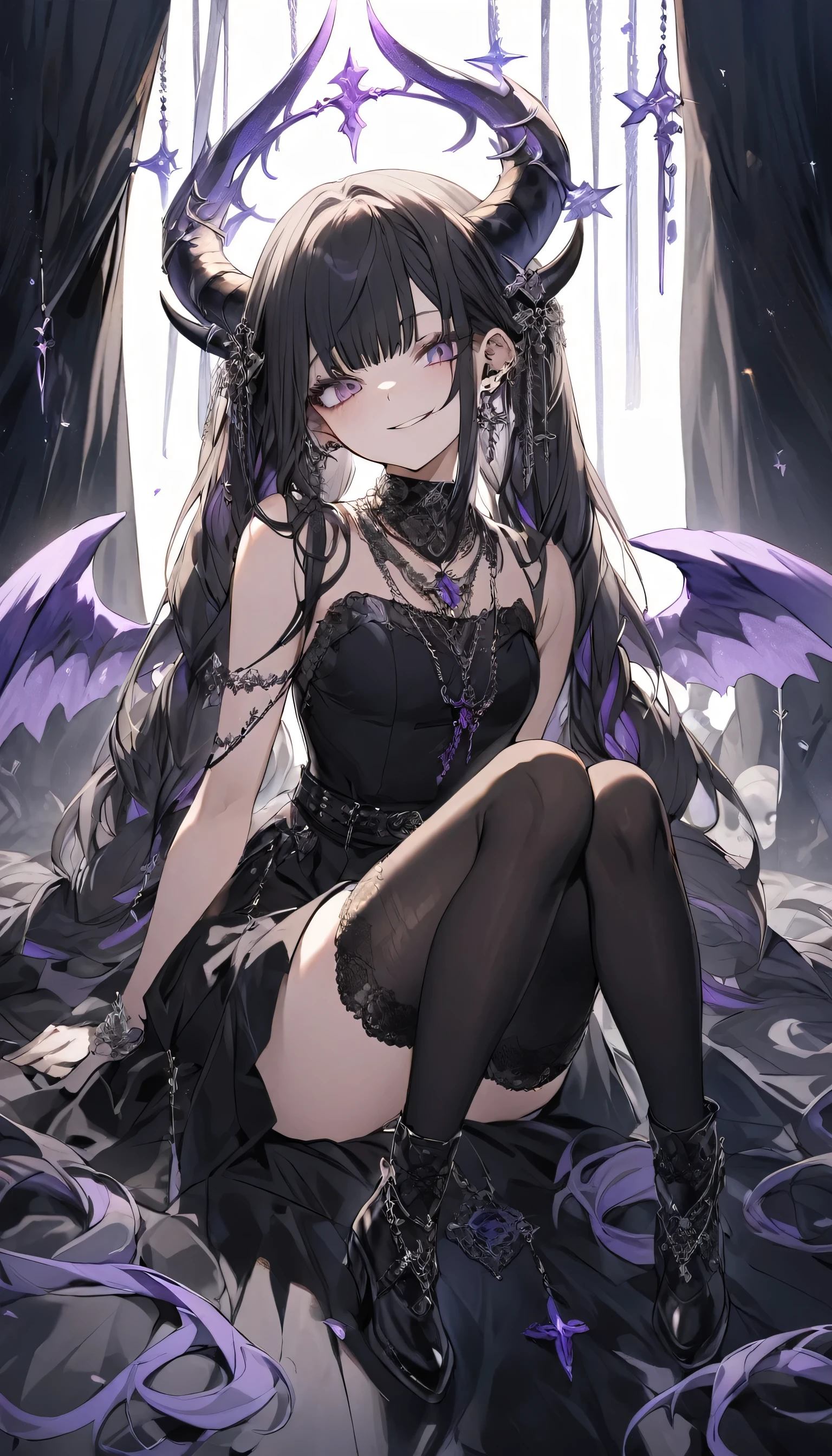 A Fairy, Dark Cristal Wings , Black Dress, Gothic Style, Loita Dress, Black Boots, Black Stockings, Dark and Purple Hair , blushing face ,Gothic make-up, (Best quality:1.1), (Masterpiece:1.4), 1fille, (cheveux volumineux)+ , cheveux longs , (Yeux Bleux) , Cheveux courts, gros seins , (big lips)+ , peau brillante, brillant, starry night, dans une chambre, Bas dentelle,