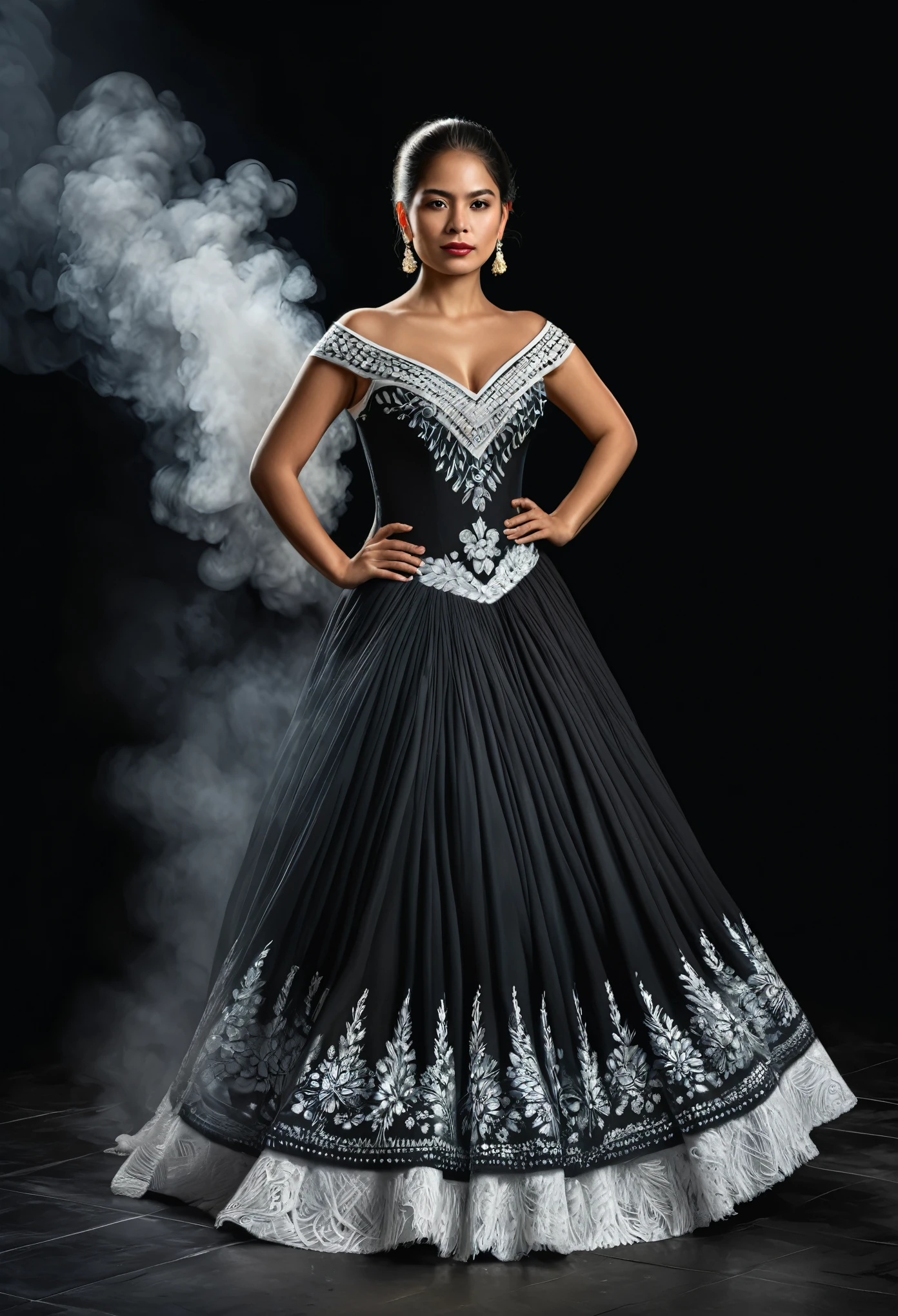 Full body digital painting of a beautiful Mexican woman with the gala dress of the Isthmus woman, in the center on a black background, black wall with fine threads of white smoke. art masterclass, HDR, UHD, award-winning masterpiece.