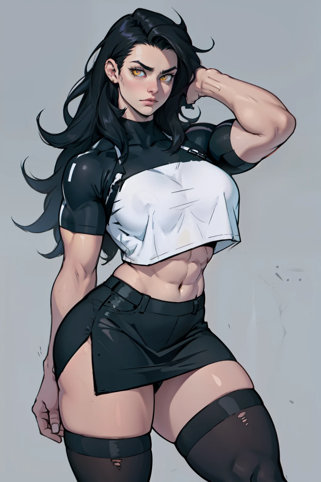 sad girl muscular girl thick girl pale skin girl black hair girl yellow eyes girl skindentation thigh highs skirt crop top midriff navel abs huge breasts long hair