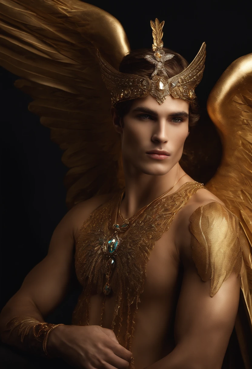 Homem romano realista beleza masculina nariz fino labios carnudos queixo qyadrado diamante. With angel wings on golden heads
