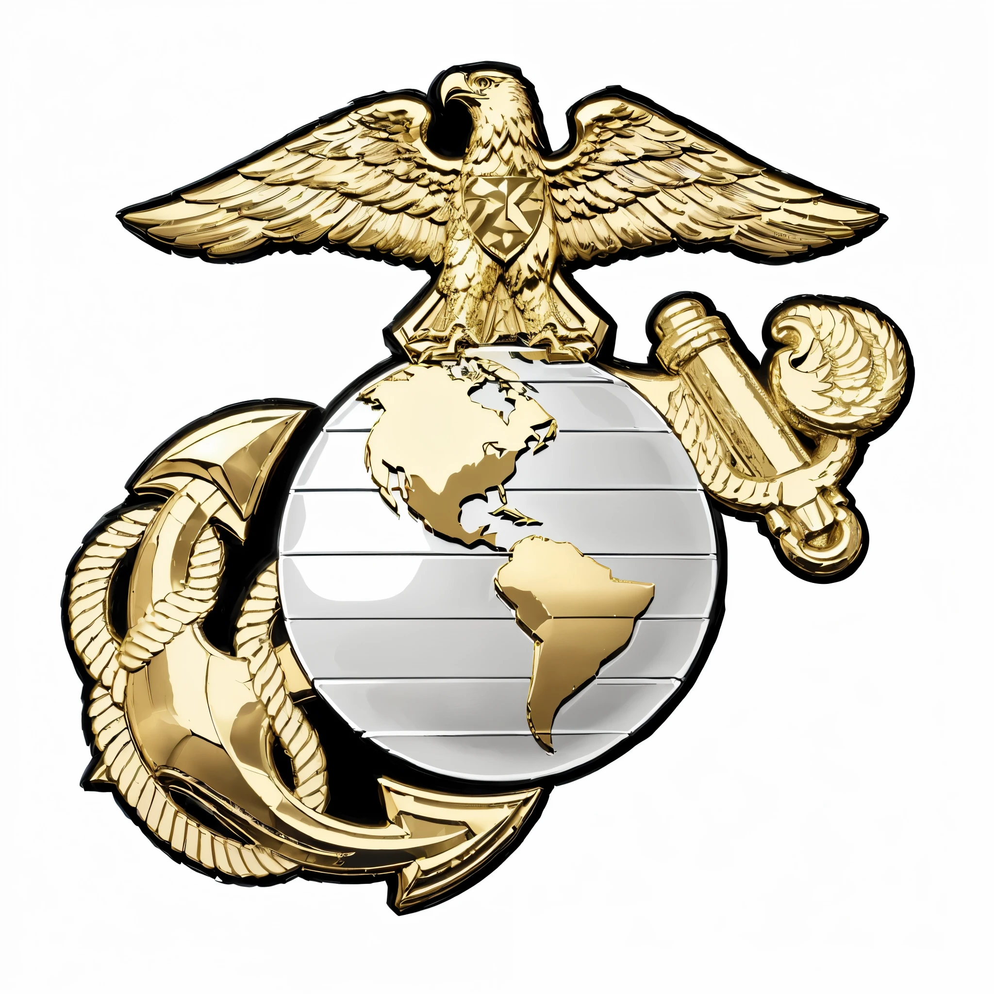 a golden eagle globe and an anchor with a globe on top, marinho, militares badge, marinho armor, badge, militares design, silver badge, militares, militares art, emblem, three quarterly view, quarterly view, colorful illustration, militarista, emblema do escudo, detalhe adicionado, Sargento, with an eagle emblem, vetor gravado, perfect militares composure