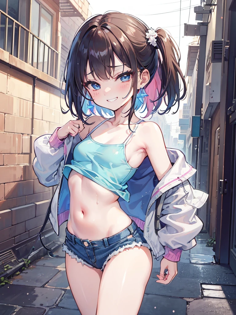 (8K、Highest image quality、best quality、masterpiece)、Detailed face、((two :2))、brown hair、short hair、brown eyes、smile、((Grinning))、earrings、((small breasts))、((pink camisole))、((Denim shorts))、Cowboy shooting、black hair、Double tail、light blue eyes、smile、((Grinning))、earrings、((small breasts))、((White camisole))、((Denim shorts))、Cowboy shooting((back alley background))、((National Science Foundation))fluid in ass、Fluid on the thighs、flowing liquid(Attractive ass:1.2),、exposed、disheveled、Clothing that fits snugly，Exposed chest、(((Wet clothing))),tube top，(((ultra-thin clothing))),(Body model),((body outline)),(Stride),grinning, blush,Hyperactive expression，Rubbing hands on crotch，raised vulva contour，saliva，