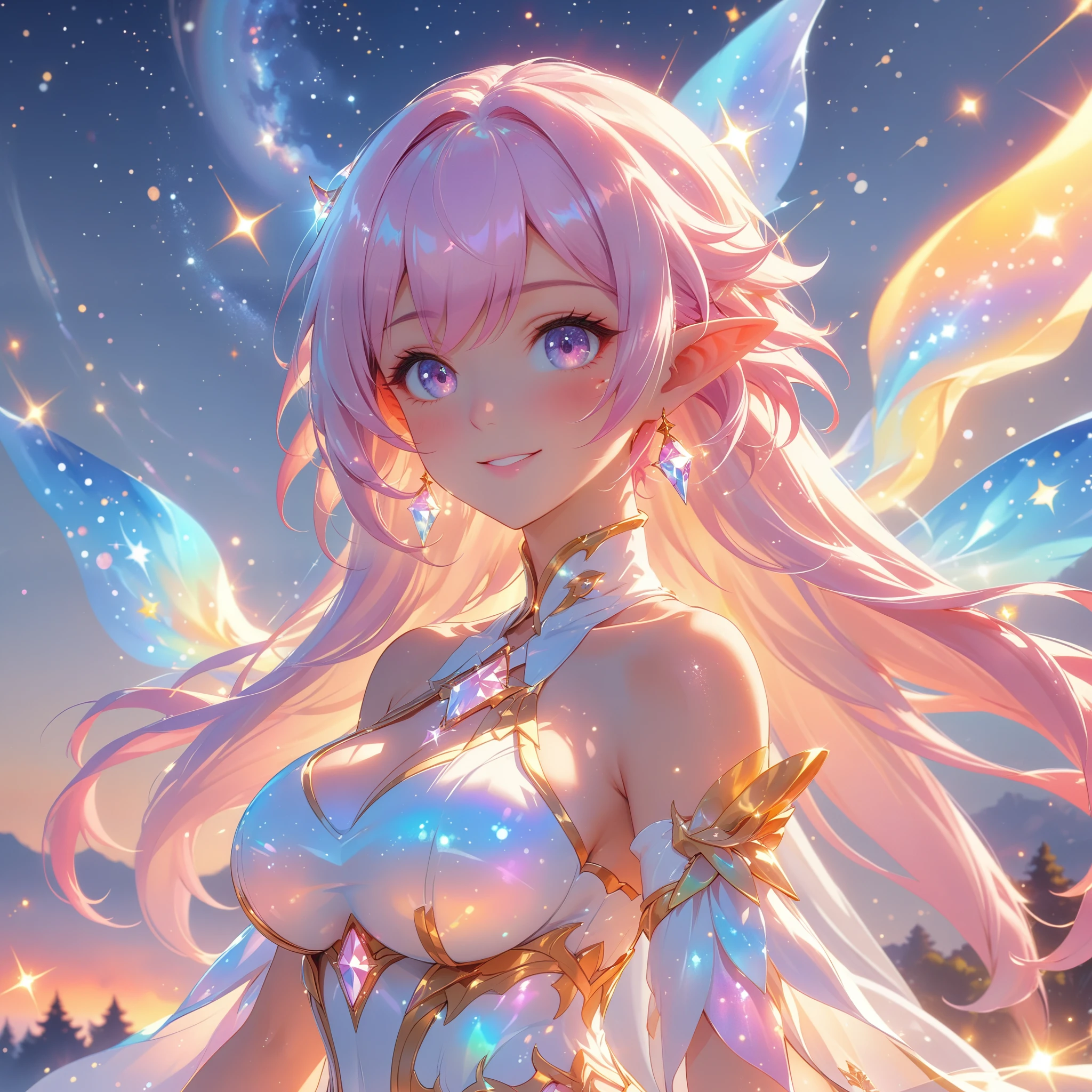 ai-generated,very aesthetic,1girl,elysia_/(herrscher_of_human:ego/)_/(honkai_impact/),pointed_ears,pink_hair,dreamy anime fantasy background,raytracing,light purple eyes,well-defined pink diamond pupils,floating,light particles,dsmile,breathtakingly gorgeous multicolored starry sky,gentle smile,celestial,cosmic tree in background,intricate,large breasts,goddess,vibrant rich hdr color,cel shading,(best quality,4k,8k,highres,masterpiece:1.2)