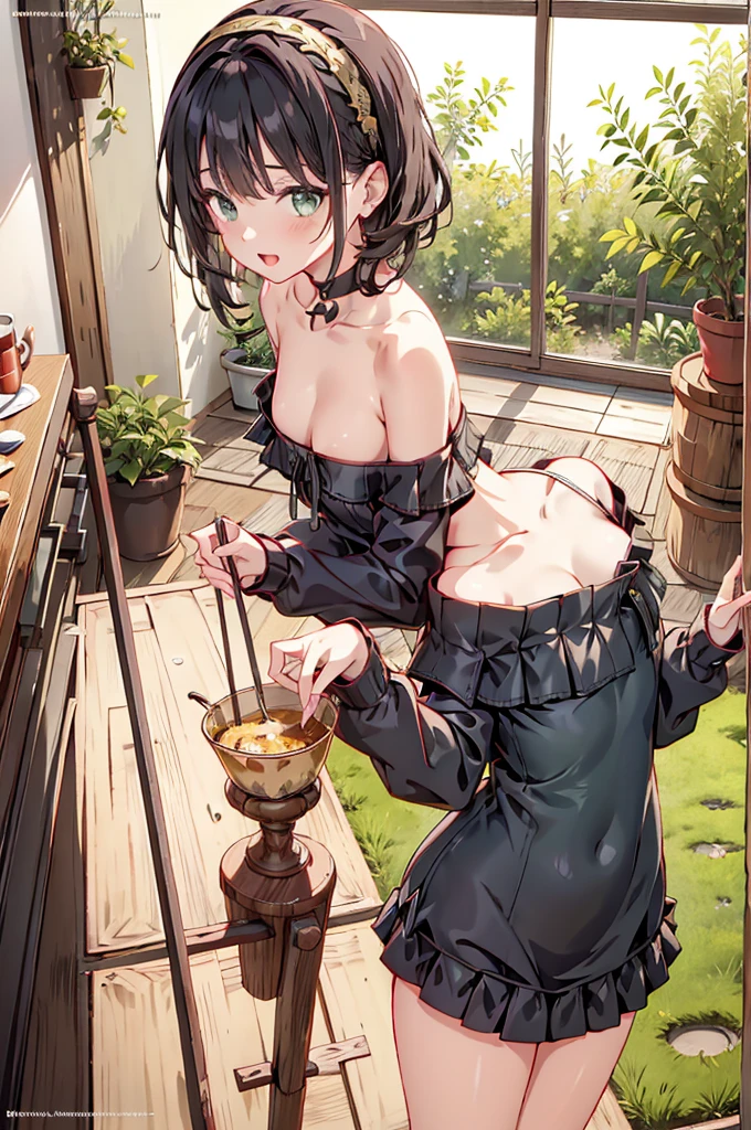 (small breasts:1.3), (perky chest:1.1), (pointed chest:1.0), (fashion magazine cover:1.3),(from below:1.0),(from side:0.9),masterpiece, 1girl, Amazing Cleavage:1.1, thin waist, big ass, Raised sexy, small breast: 1.3, posed cleavage:1.2、solo, looking at viewer, open mouth, have a cute grass of cute beergrass,black hair, dark green eyes, dress, bare shoulders, jewelry, collarbone, sidelocks, hairband, earrings, indoors, off shoulder, :o, sweater, arms behind back, plant, short hair with long locks, gild hairband, off-shoulder dress, sweater dress, off-shoulder sweater, red sweater, dark gord hair, big side hair, very long side hair,is rendered in (masterpiece: 1.2, best quality), with (ultra high resolution) and an exquisite (depth of field). This masterpiece is not only visually stunning but also tells,A scene of cooking in the kitchen by classroom