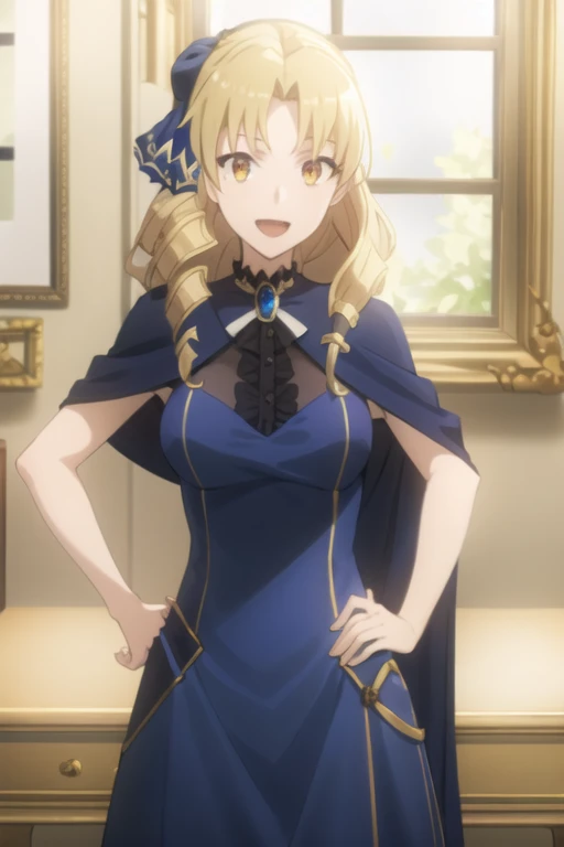 best quality, (masterpiece:1.2), detailed,
1girl, solo, open mouth, light smile,
drill hair, long hair, blonde hair, yellow eyes,
blue dress, jewelery, hair ribbon, blue ribbon, capelet,
standing, hand on hip, looking at the viewer, upper body,
indoors