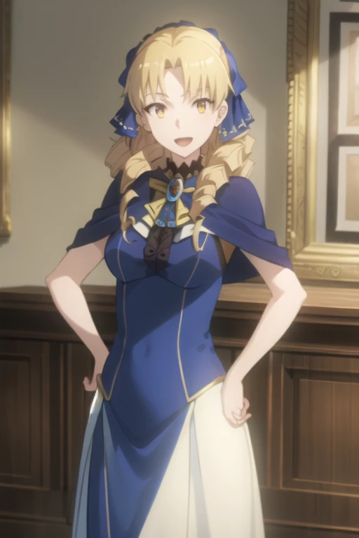 best quality, (masterpiece:1.2), detailed,
1girl, solo, open mouth, light smile,
drill hair, long hair, blonde hair, yellow eyes,
blue dress, jewelery, hair ribbon, blue ribbon, capelet,
standing, hand on hip, looking at the viewer, upper body,
indoors