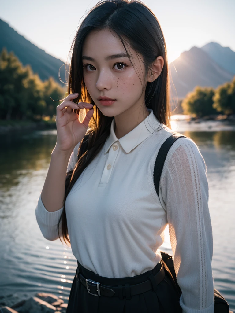 (masterpiece, best quality:1.2), (8k uhd, 16k, 32k, ultra high res), (photorealistic:1.37), (RAW photo), ultimate-realistic, ultimate-realistic details, ultimate-realistic texture, ultimate-intricate details, ultimate-realistic lighting, ultimate-realistic shadow, japanese girl, 1girl, 24yo, ultimate-cute face, ultimate-RAW skin, ultimate-eyes, ((quite a bit body, from top, happy)), solo, outdoors, (night), mountains, nature, (stars, moon) cheerful, happy, backpack, sleeping bag, camping stove, water bottle, mountain boots, gloves, camisole, bulge nipples, scarf, flashlight, forest, rocks, river, wood, smoke, shadows, contrast, clear sky, analog style (look at viewer:1.2) (skin texture) (film grain:1.3), (warm hue, warm tone:0.9), medium shot, cinematic light, sidelighting, ultra high res, best shadow, RAW, wearing pullover, Hasselblad X2D 100C + XCD 2,5/25V, F/1.8, (cinematic still:1.4), freckles, 35mm photograph, film, bokeh, professional, 4k, highly detailed, perfect fingers ,Extremely Realistic, UHD,