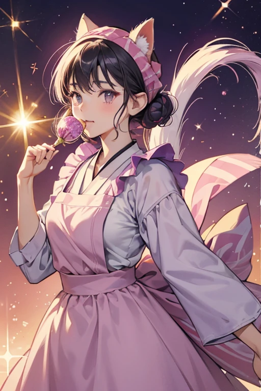 Okugatachi has a pink face and her costume is lavender and dress-shaped. She has a red bandanna around her neck and a white apron. She has the pointy ears and long tail of a cat, as well as whiskers. Unlike the rest of her family, her mouth shows when wearing her ninja costume. SPARKLE; GLITTER