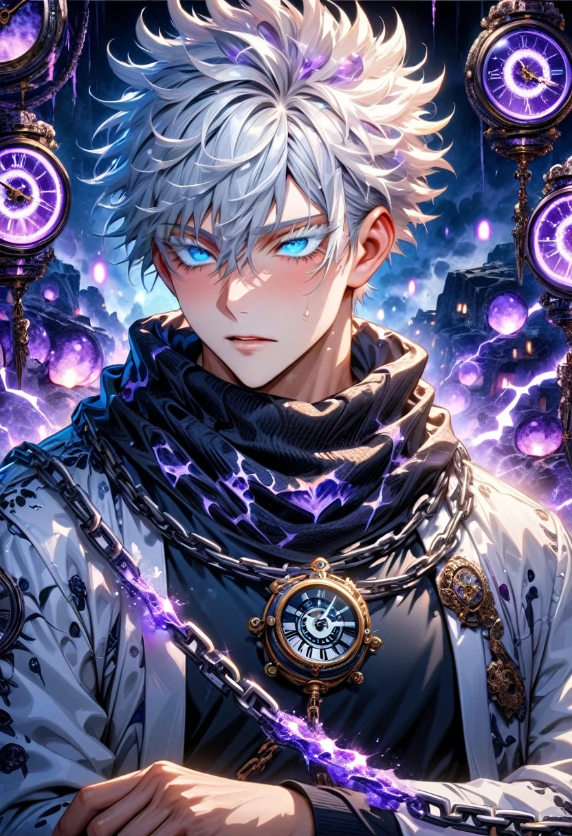 absurdres, highres, ultra detailed, HDR, master piece, best quality, Gojo Satoru, white hair, hair between the eyes, with bangs, expressive blue eyes, white eyelashes, jujutsu kaisen, solo, sexy man, handsome, white haori, black tight T-shirt, black scarf, clock mechanical purple moon, fantasy, chains, purple fireflies, purple lightning, void