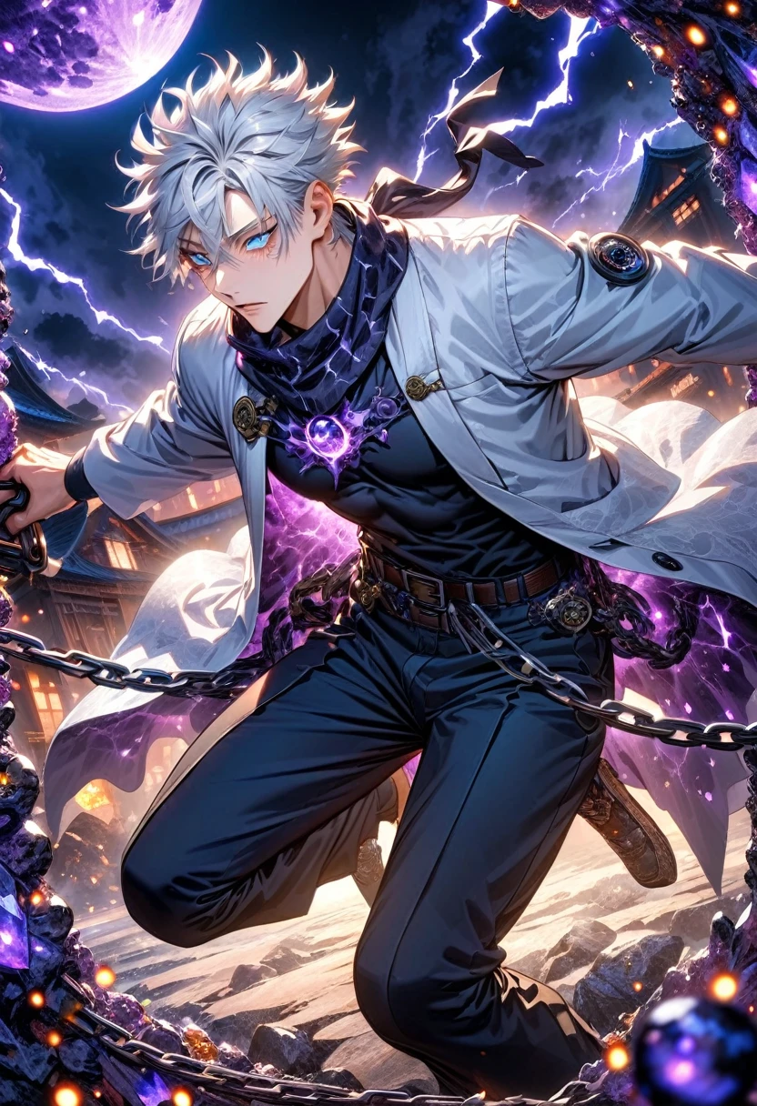 absurdres, highres, ultra detailed, HDR, master piece, best quality, Gojo Satoru, white hair, hair between the eyes, with bangs, expressive blue eyes, white eyelashes, jujutsu kaisen, solo, sexy man, handsome, white haori, black tight T-shirt, black scarf, clock mechanical purple moon, fantasy, chains, purple fireflies, purple lightning, void