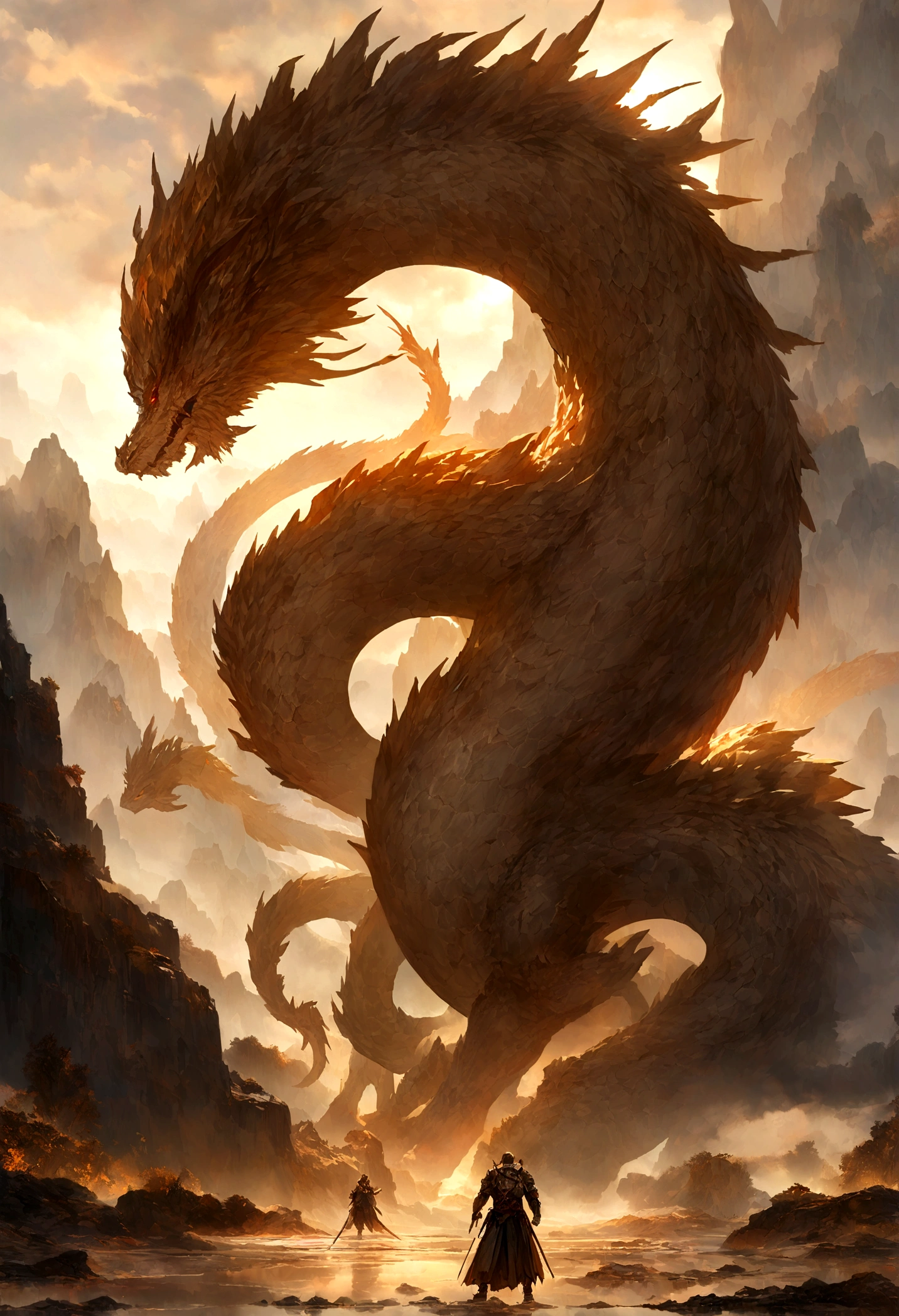 Chinese dragon circling between mountains,With a warrior standing in ground, dragons as the main background,There are clouds,There is mine enterance,Flying in the sky(CHinese dragon:1.5),highly detailed fantasy art,hyperrealistic d & D fantasy art,Hero, Artstation contest winner,--no wings,