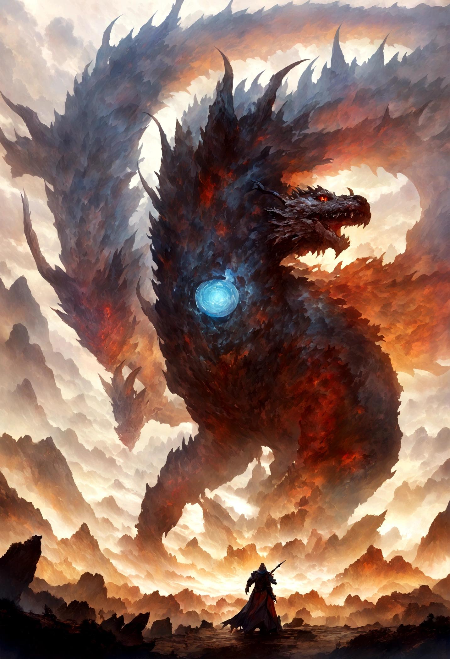 Chinese dragon circling between mountains,With a warrior standing in ground, dragons as the main background,There are clouds,There is mine enterance,Flying in the sky(CHinese dragon:1.5),highly detailed fantasy art,hyperrealistic d & D fantasy art,Hero, Artstation contest winner,--no wings,