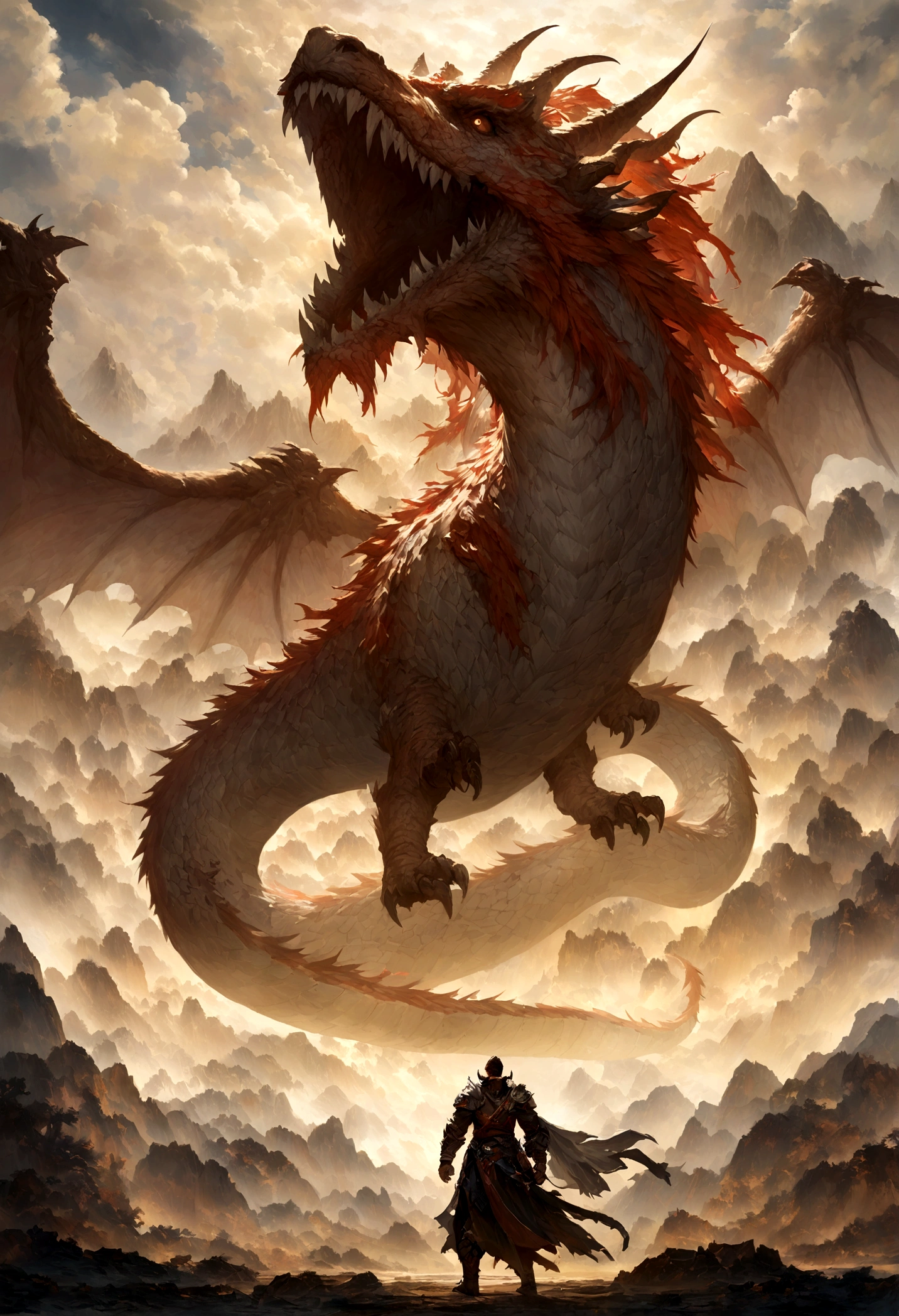 Chinese dragon circling between mountains，With a warrior standing in ground, dragons as the main background，There are clouds，There is mine enterance，Flying in the sky（CHinese dragon：1.5），highly detailed fantasy art，hyperrealistic d & D fantasy art，Hero, Artstation contest winner，--no wings，