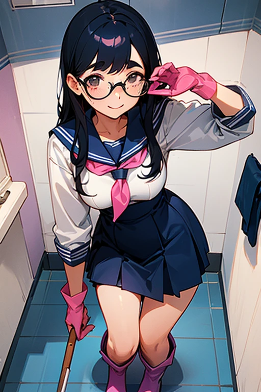 A high school girl with black hair, freckles, glasses and a long-sleeved navy blue sailor uniform wearing large pink rubber gloves and white rubber boots cleaning the school toilets
