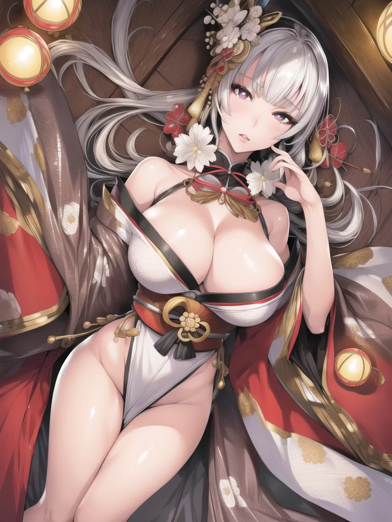 best quality,masterpiece, high res,original, beautiful detailed eyes,ultra-detailed, perfect anatomy,
1girl, solo, full body,
japanese clothes, kimono, white and black kimono,
large breasts, wide hip, mature female,
glamorous body, slender body,
perfect lighting,Colorful, Bright_Front_face_Lighting, shiny skin, 
 (beautiful_face:1.5),  