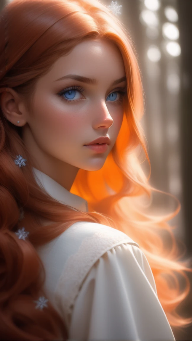close up of a european woman, ginger hair, winter forest, natural skin texture, 24mm, 4k textures, soft cinematic light, RAW photo, photorealism, photorealistic, intricate, elegant, highly detailed, sharp focus, ((((cinematic look)))), soothing tones, insane details, intricate details, hyperdetailed, low contrast, soft cinematic light, dim colors, exposure blend, hdr, faded