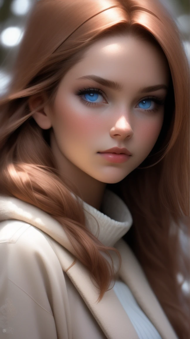 close up of a european woman, ginger hair, winter forest, natural skin texture, 24mm, 4k textures, soft cinematic light, RAW photo, photorealism, photorealistic, intricate, elegant, highly detailed, sharp focus, ((((cinematic look)))), soothing tones, insane details, intricate details, hyperdetailed, low contrast, soft cinematic light, dim colors, exposure blend, hdr, faded
