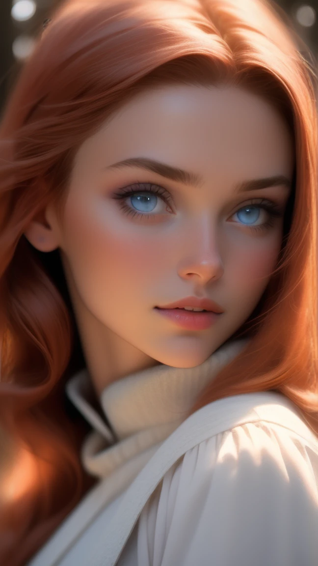 close up of a european woman, ginger hair, winter forest, natural skin texture, 24mm, 4k textures, soft cinematic light, RAW photo, photorealism, photorealistic, intricate, elegant, highly detailed, sharp focus, ((((cinematic look)))), soothing tones, insane details, intricate details, hyperdetailed, low contrast, soft cinematic light, dim colors, exposure blend, hdr, faded