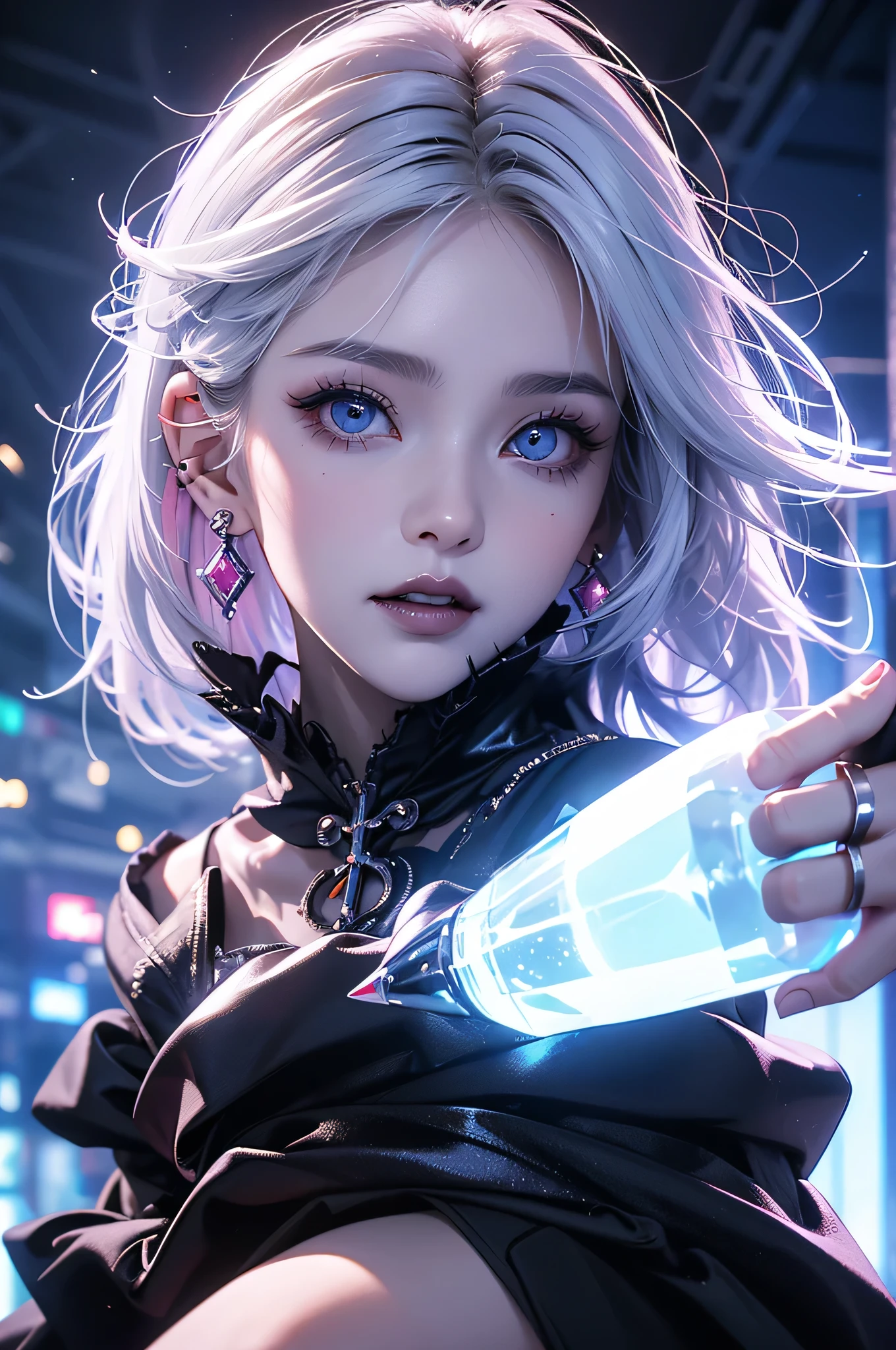 At the center of the full body image、A beautiful white-haired Japanese woman is depicted.。Her hair is long、It is tied into two buns、The slightly disheveled look is attractive。Her hair is silvery white、When light hits it, you can see blue and pink reflections。Her eyes glow a vibrant pink、It gives off a mysterious charm。
Her expression is mischievous.、Sharp canine teeth are visible in the mouth。Black lips and eyeliner complement her gothic look.。She has many piercings、Crosses and decorative earrings are especially prominent in the ears.。
She wears many rings and bracelets.、It gives a sense of unity to the overall gothic theme.。Her fingertips are close to her face、The pose is very confident。
She is wearing a white-based, sheer、In an off-the-shoulder dress、Shiny materials are used、The reflection of light is beautifully depicted.。The background is dark、Blue and pink neon lights illuminate her.、It creates a fantastic atmosphere。