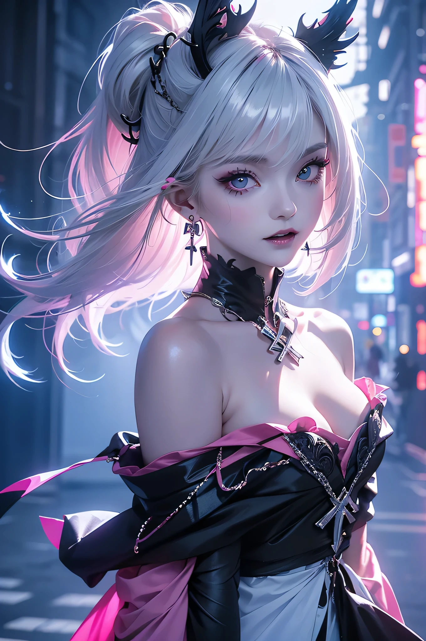 At the center of the full body image、A beautiful white-haired Japanese woman is depicted.。Her hair is long、It is tied into two buns、The slightly disheveled look is attractive。Her hair is silvery white、When light hits it, you can see blue and pink reflections。Her eyes glow a vibrant pink、It gives off a mysterious charm。
Her expression is mischievous.、Sharp canine teeth are visible in the mouth。Black lips and eyeliner complement her gothic look.。She has many piercings、Crosses and decorative earrings are especially prominent in the ears.。
She wears many rings and bracelets.、It gives a sense of unity to the overall gothic theme.。Her fingertips are close to her face、The pose is very confident。
She is wearing a white-based, sheer、In an off-the-shoulder dress、Shiny materials are used、The reflection of light is beautifully depicted.。The background is dark、Blue and pink neon lights illuminate her.、It creates a fantastic atmosphere。
