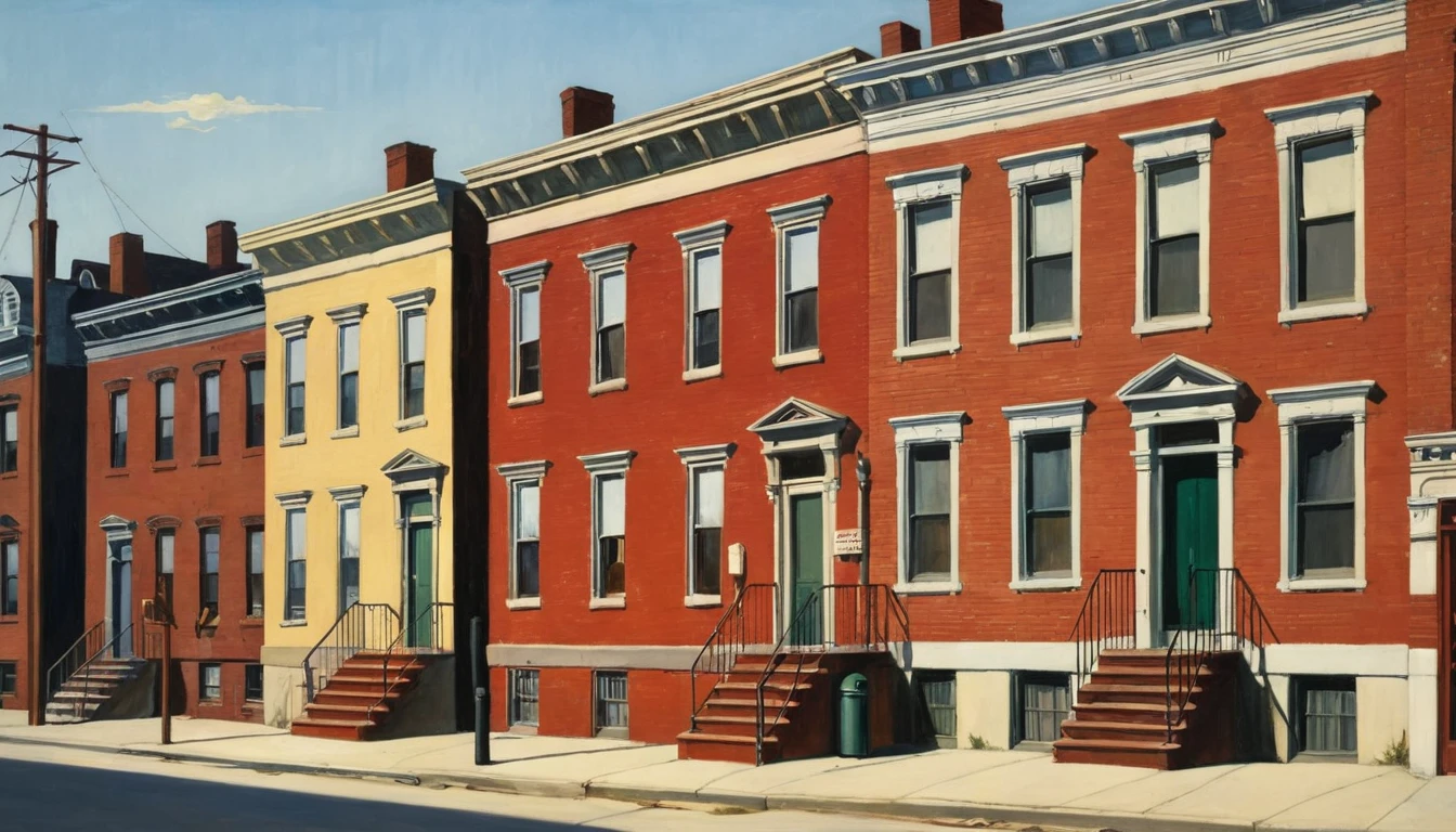 urban America with red brick ghetto homes at dusk, 1950ss, by Edward Hopper, best quality, masterpiece, very aesthetic, perfect composition, intricate details, ultra-detailed